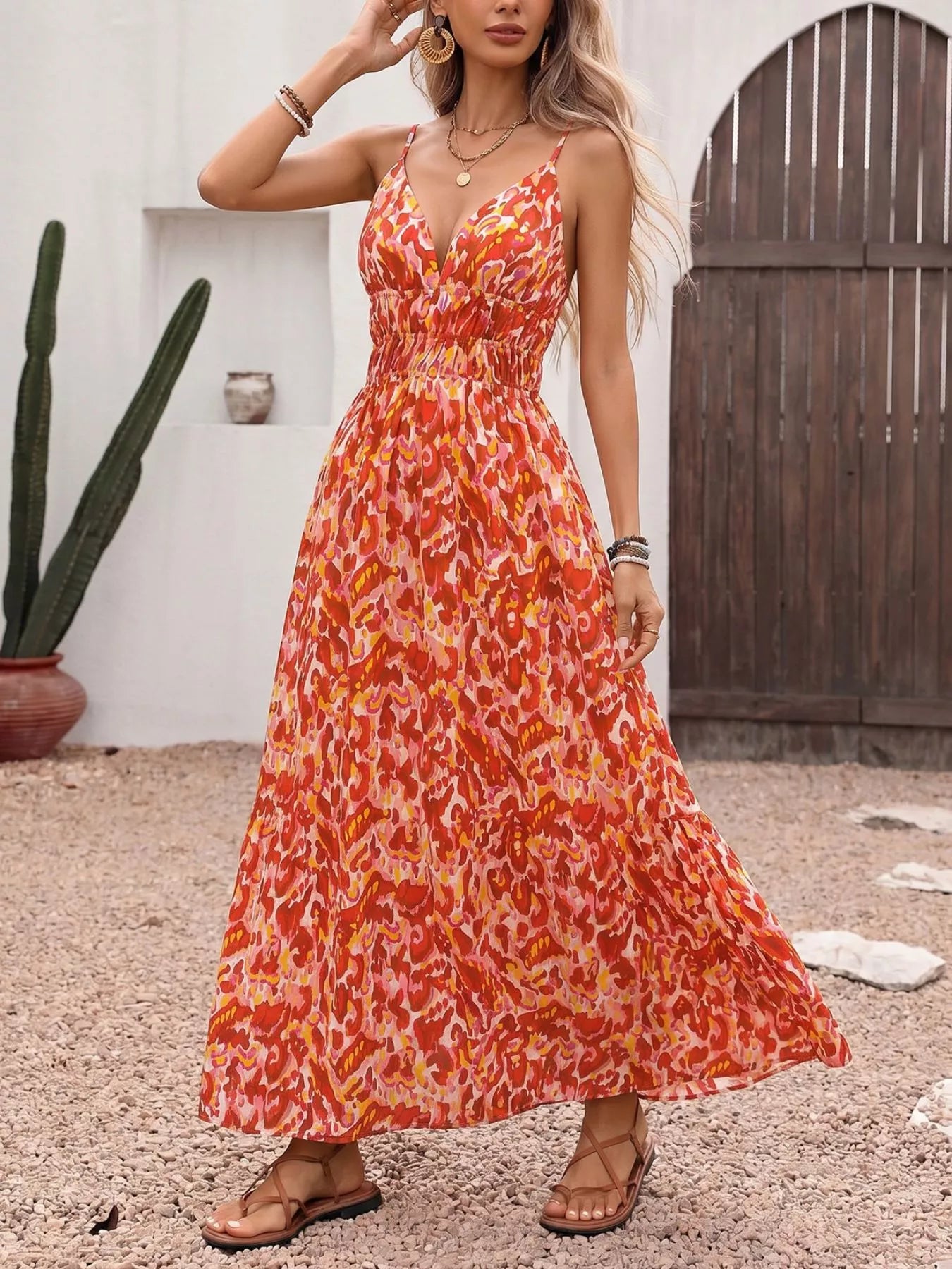 Printed V-Neck Sleeveless Smocked Maxi Dress