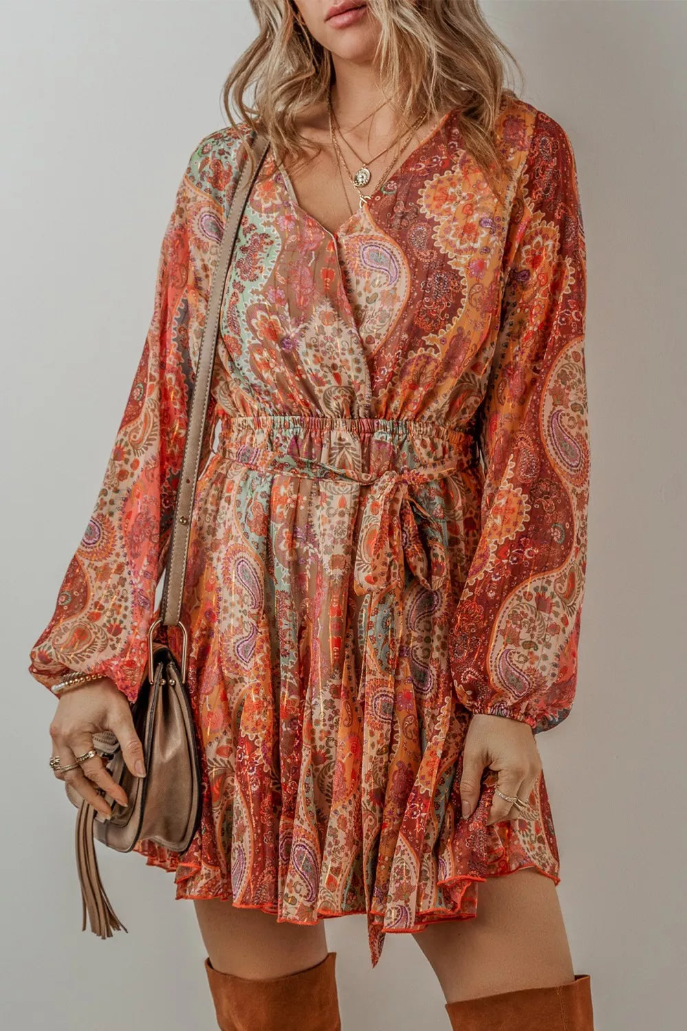 Boho Paisley Print Long Sleeve Mini Dress