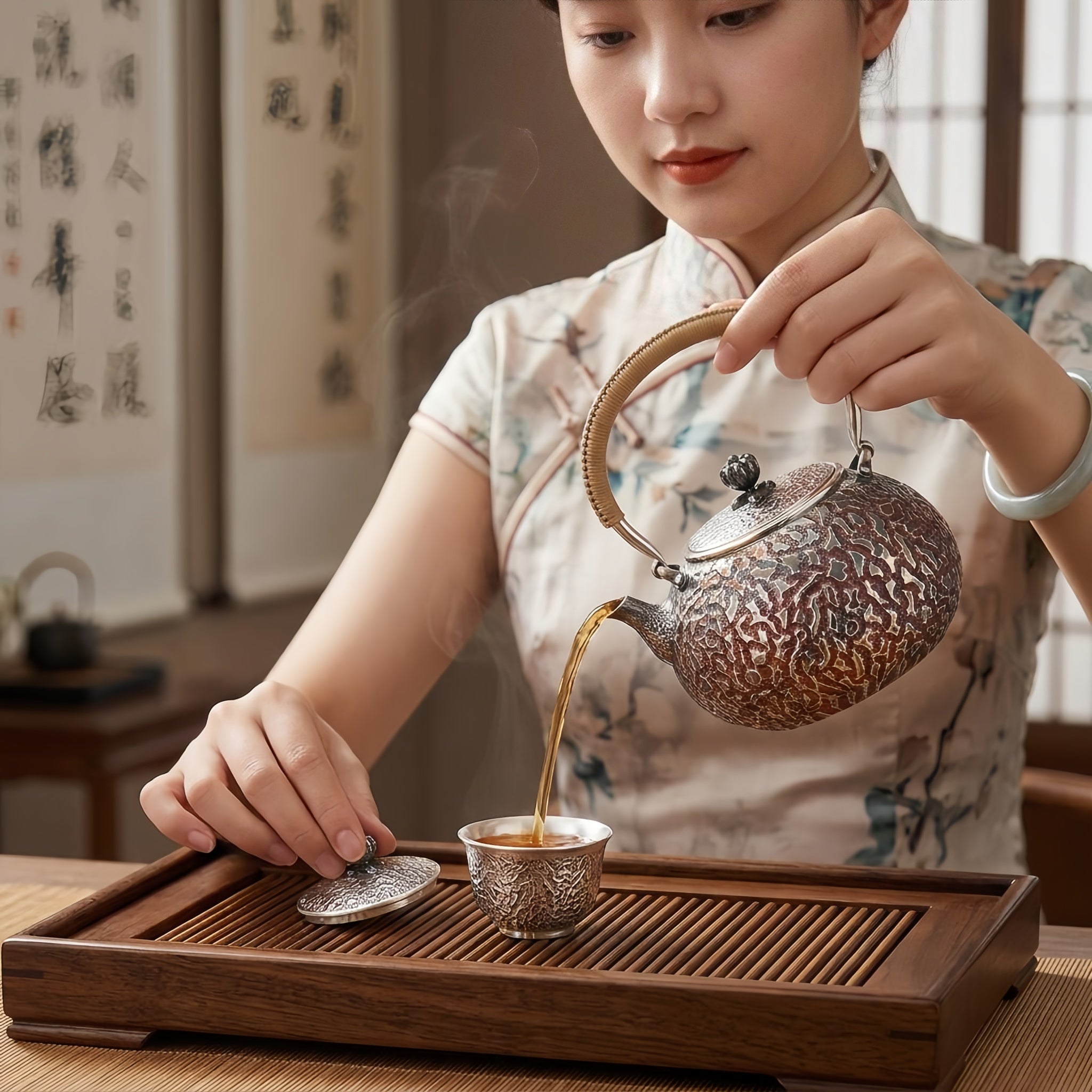 925 Sterling Silver Exquisite Handcrafted Silver-Toned Teapot with Ornate Patterning and Cord-Wrapped Handle - Handicraft
