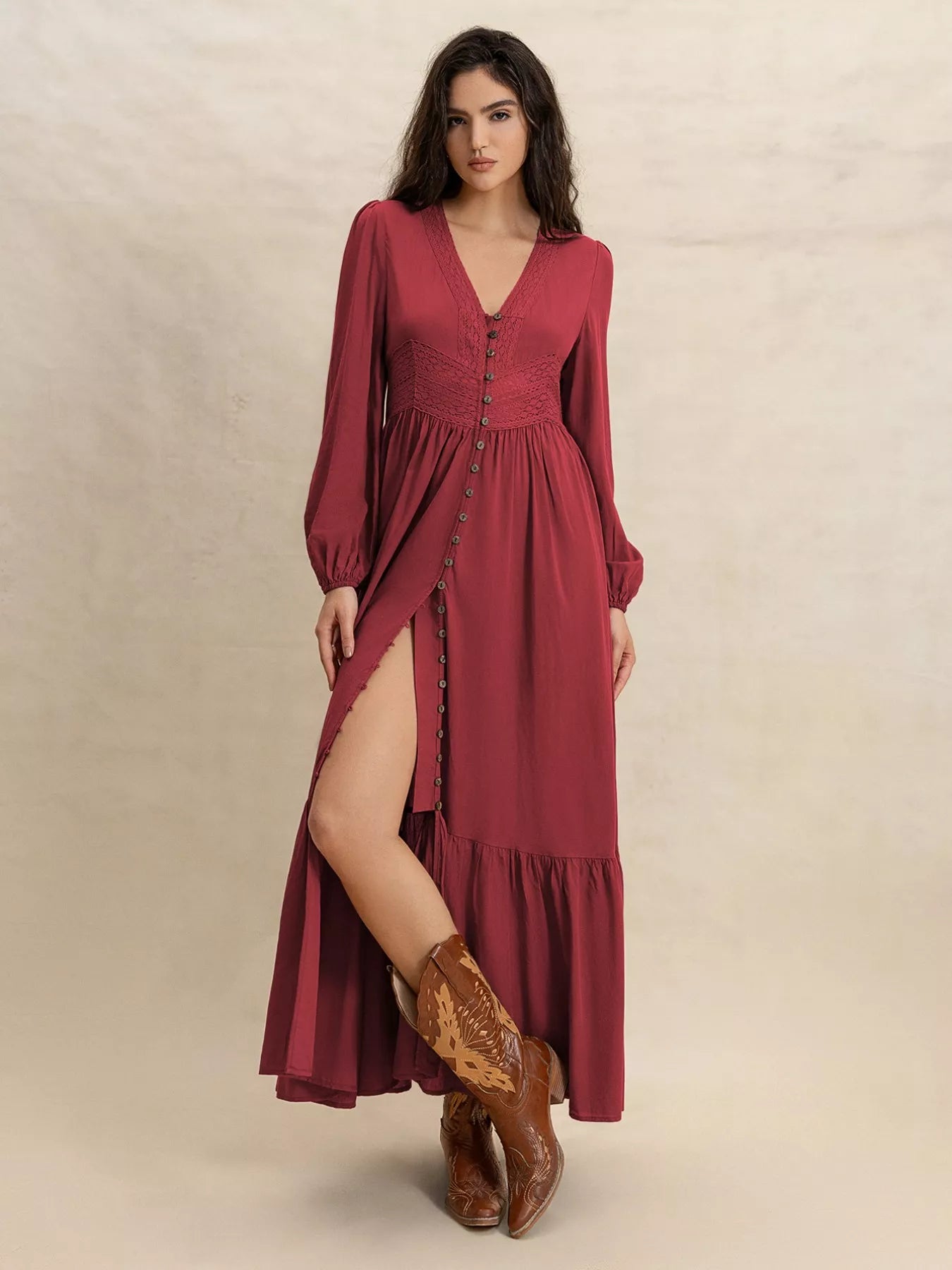 Plus Size V-Neck Balloon Sleeve Maxi Dress