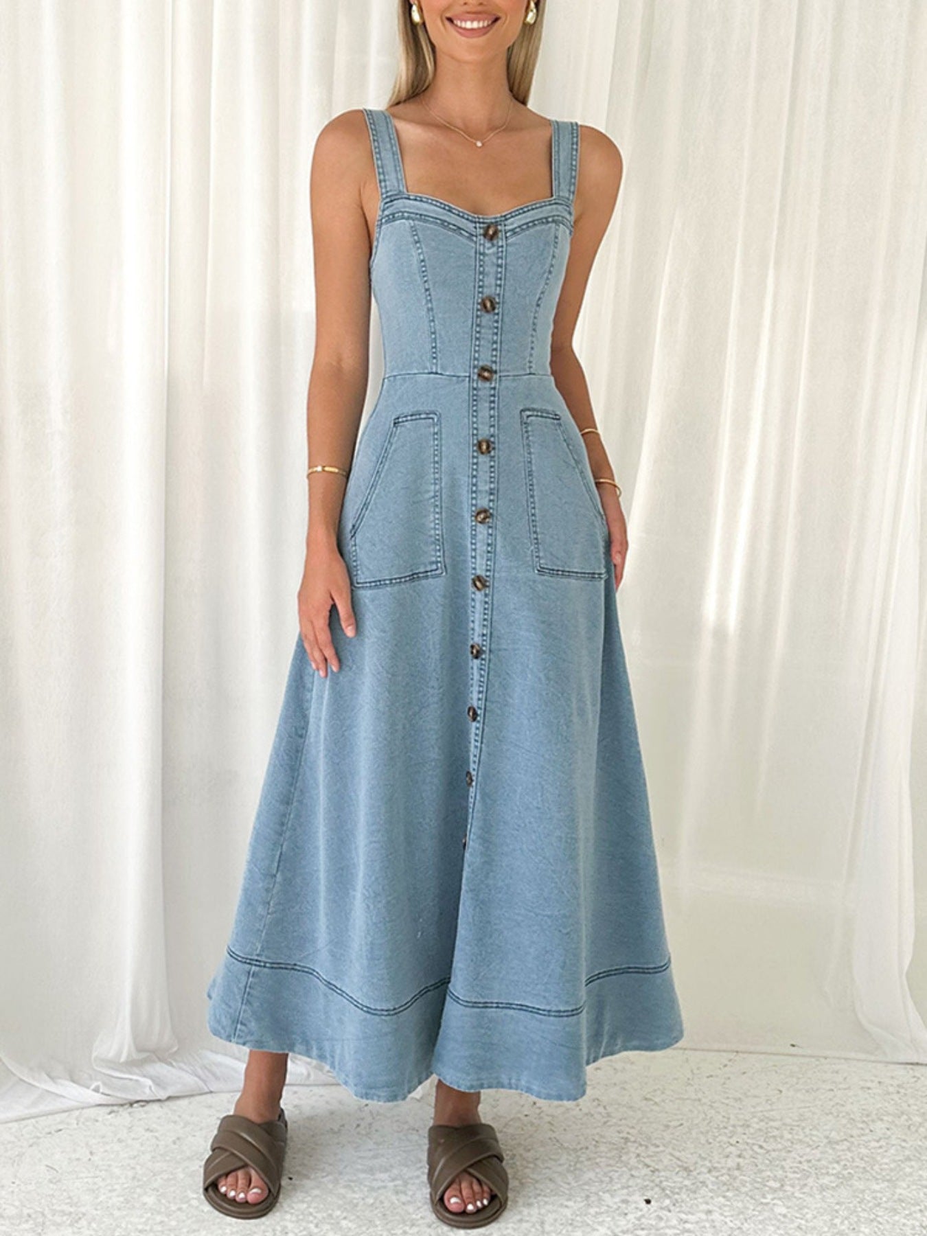 Decor Button Front A-Line Denim Dress