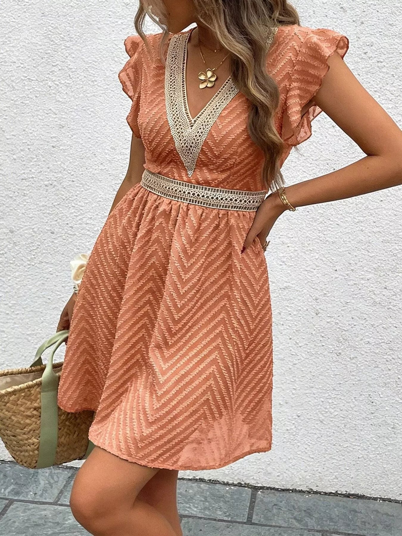 V-Neck Ruffle Sleeve Mini Dress