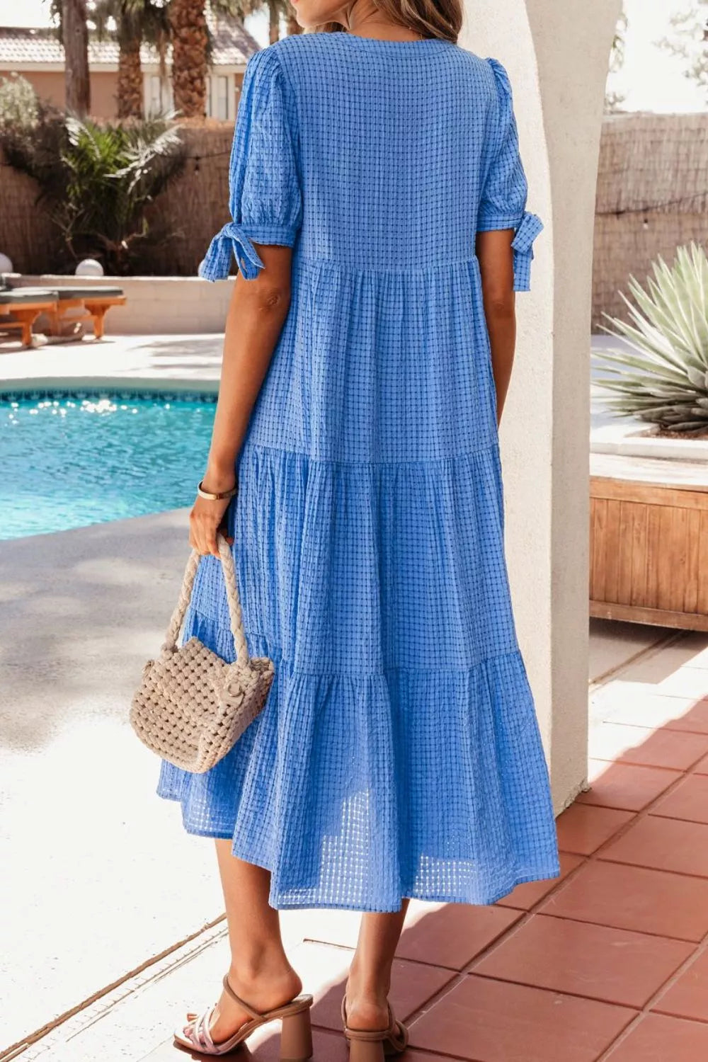 Notched Short Sleeve Tiered Midi Dress