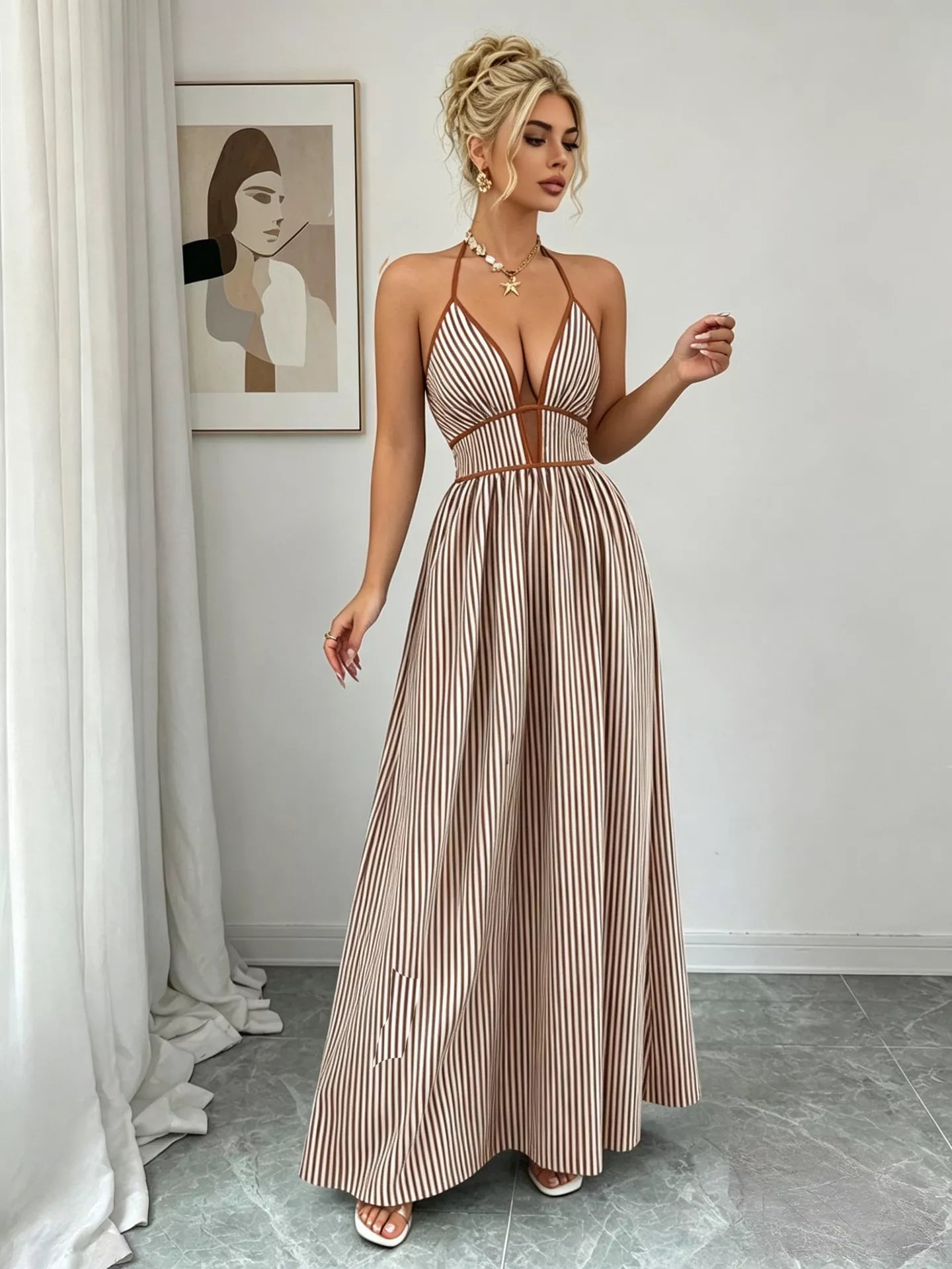 Striped Halter Neck Maxi Dress