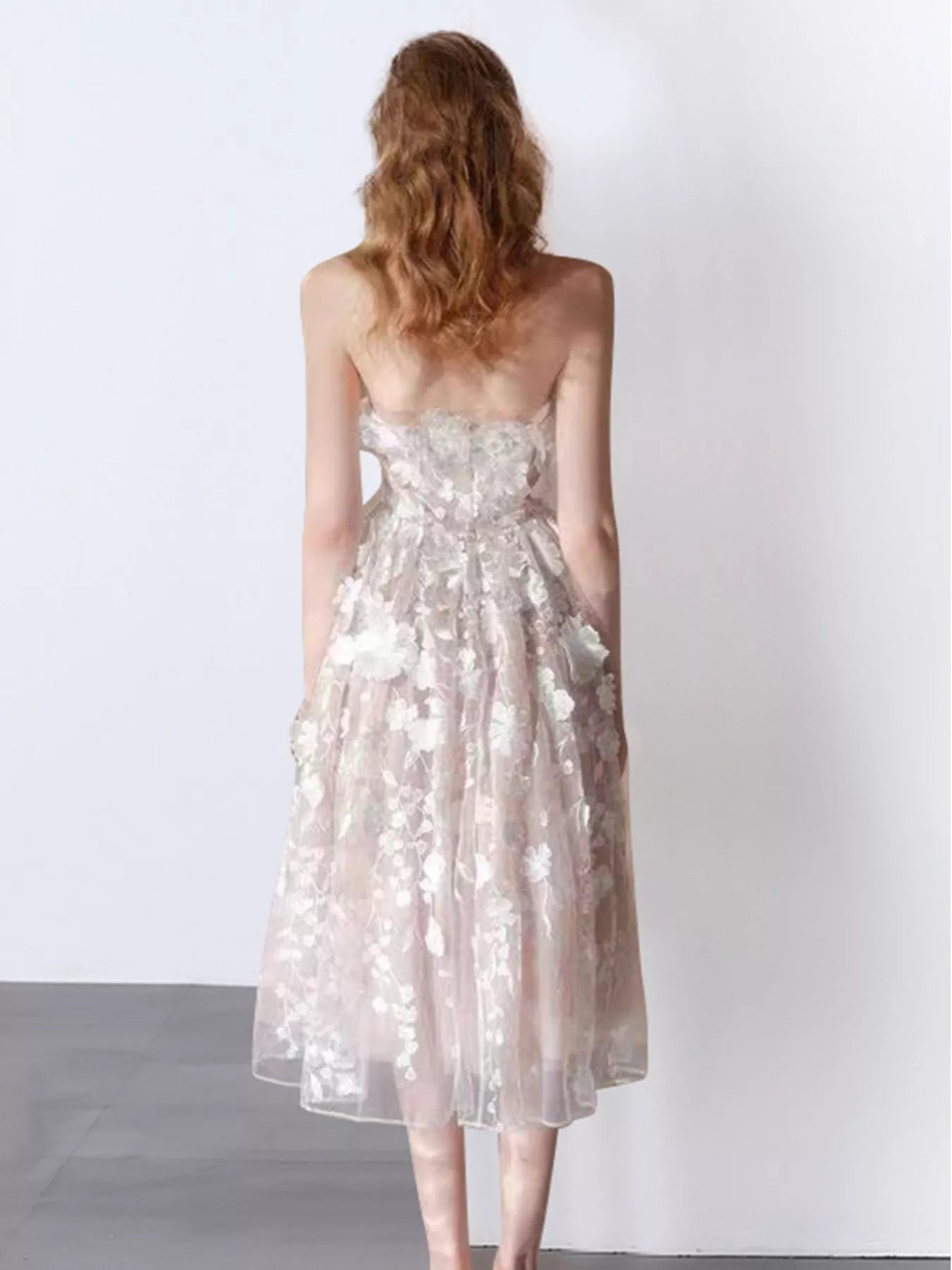 Strapless Floral Applique Midi Dress