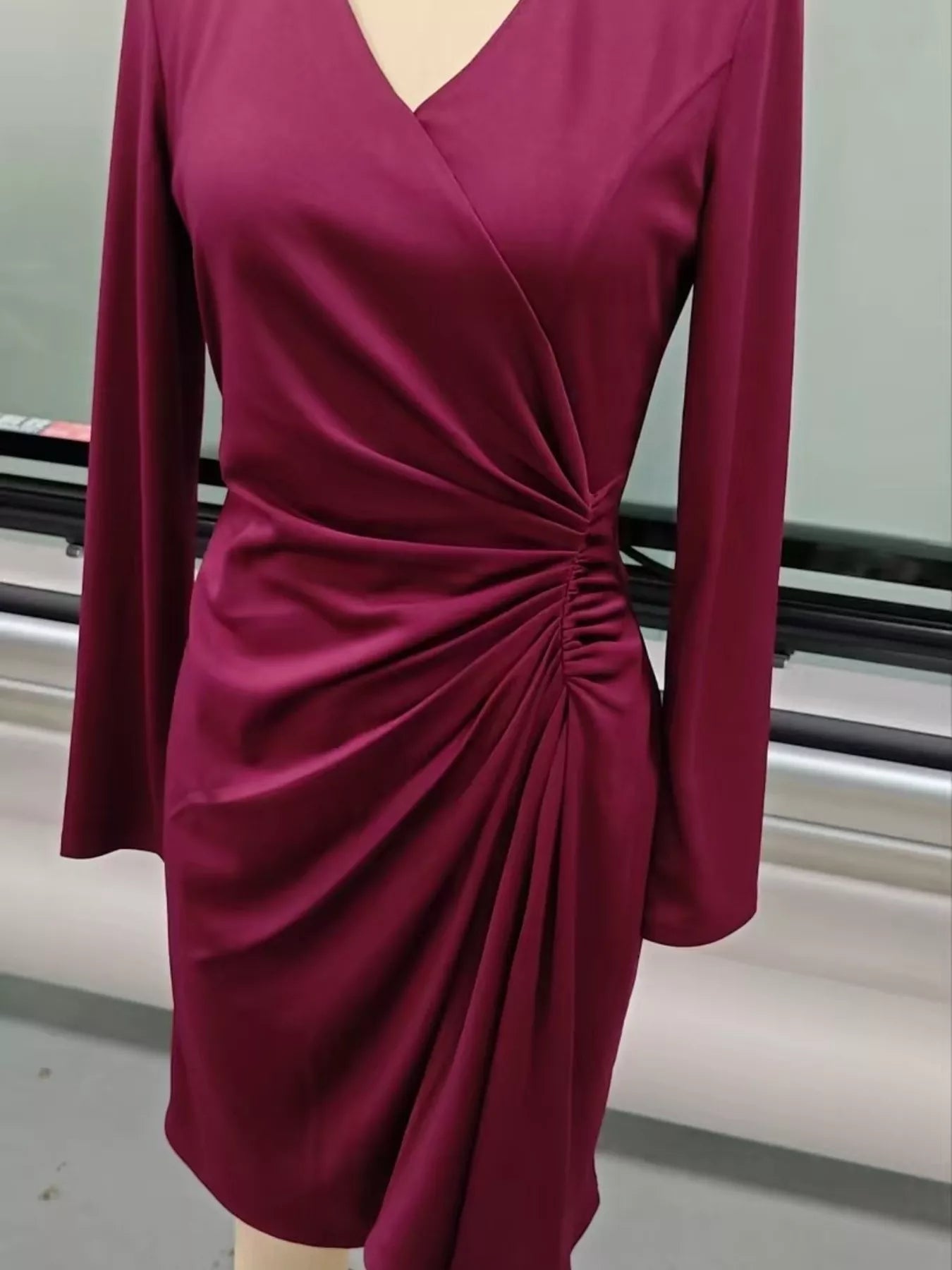 Front Ruched V-Neck Long Sleeve Dress