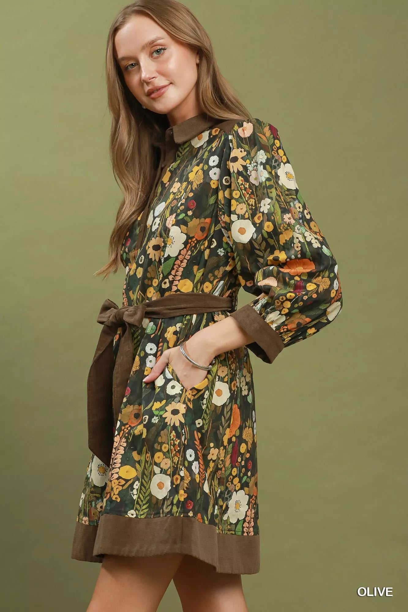 Umgee Floral Print Belted Puff Sleeve Mini Dress