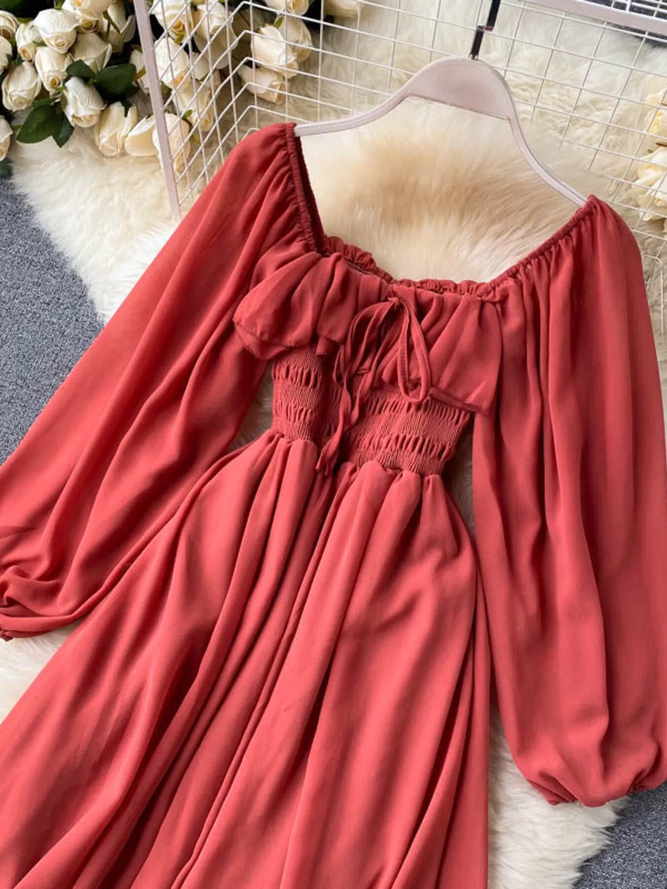 Ruffle Square Neck Balloon Sleeve A-Line Dress