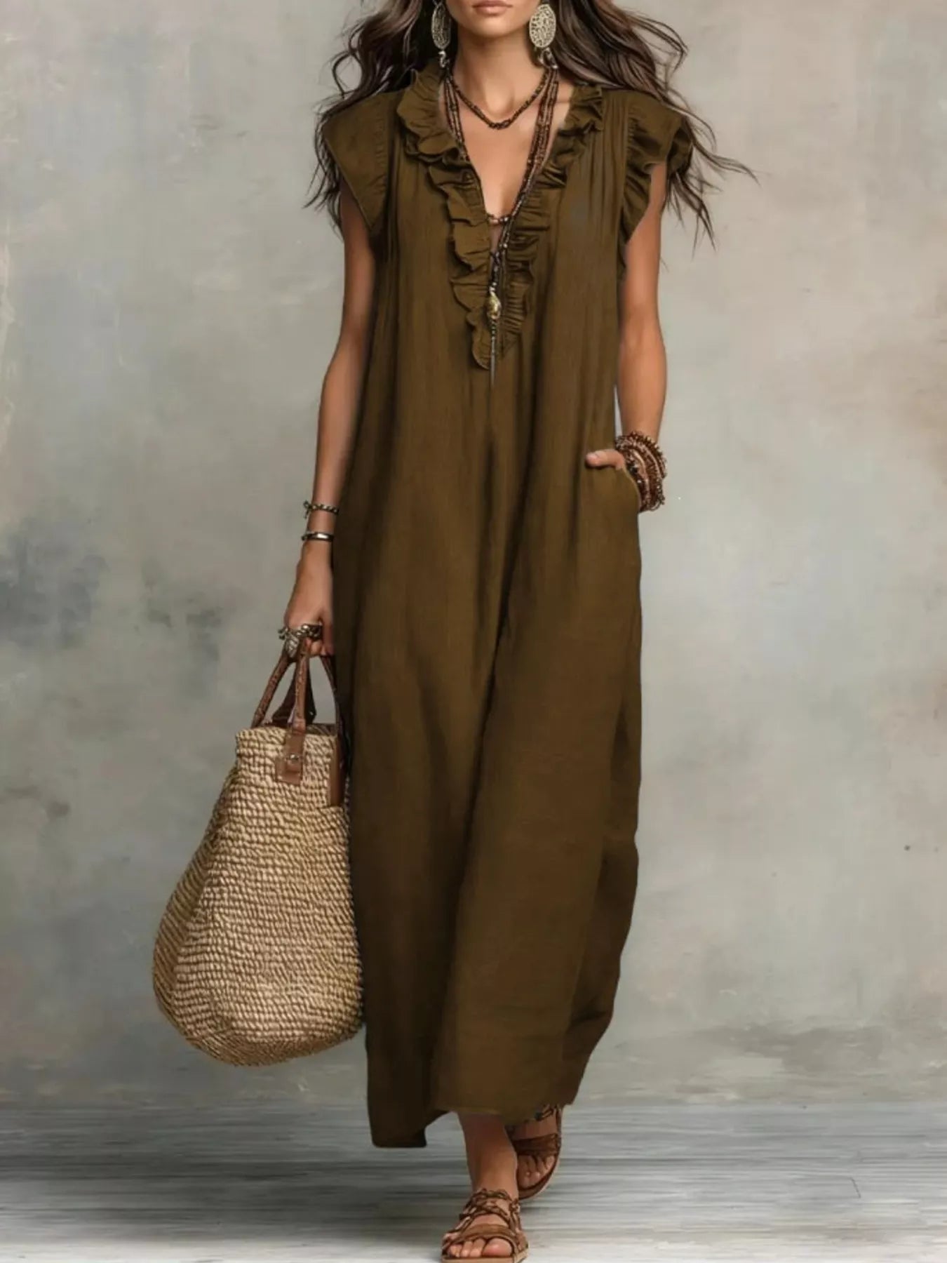 Ruffled V-Neck Maxi Dress