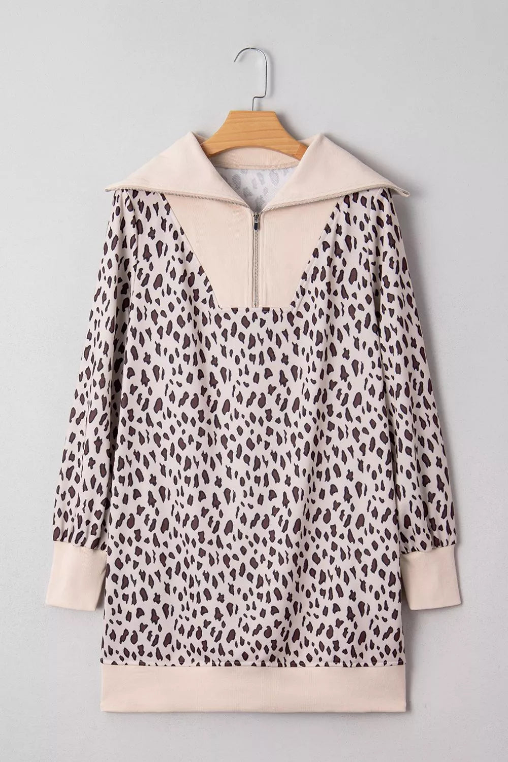 Leopard Print Zip up Collar Patchwork Shift Mini Dress