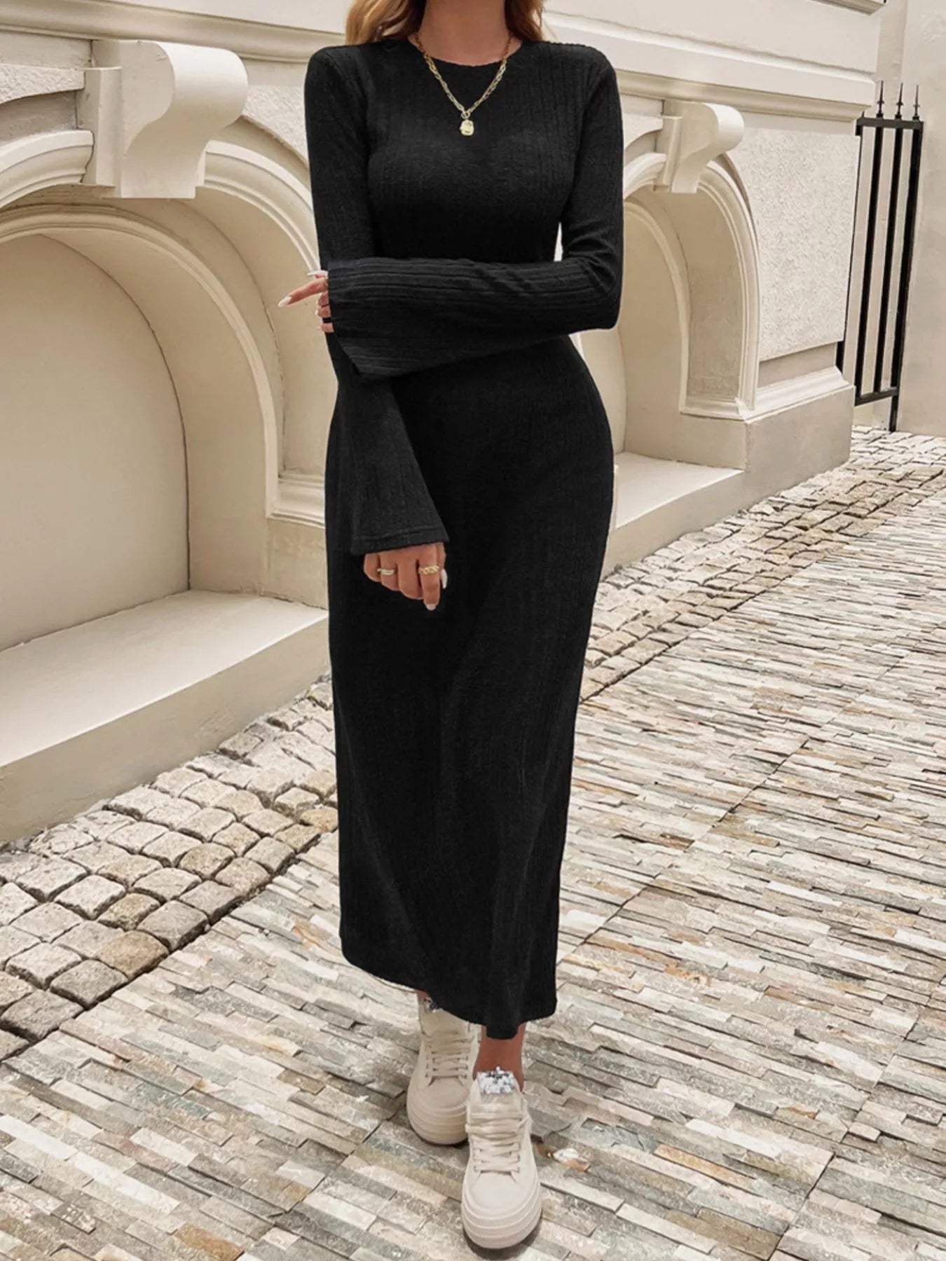 Ribbed Knit Long Sleeve Midi Dress