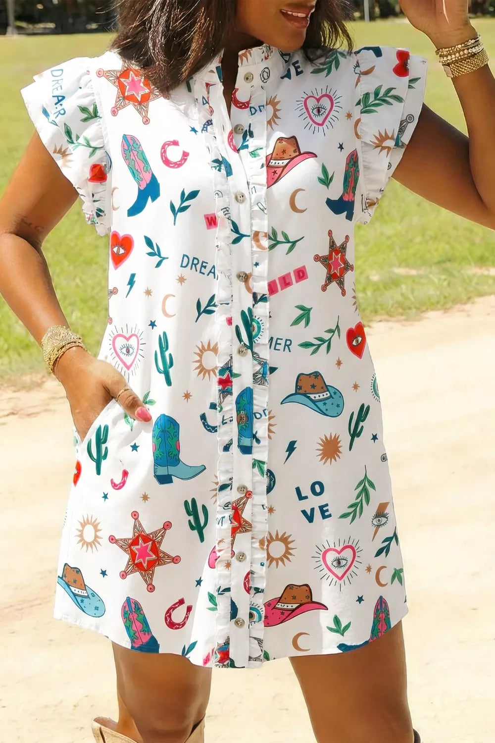 Western Print Flutter Sleeve Button Down Mini Dress
