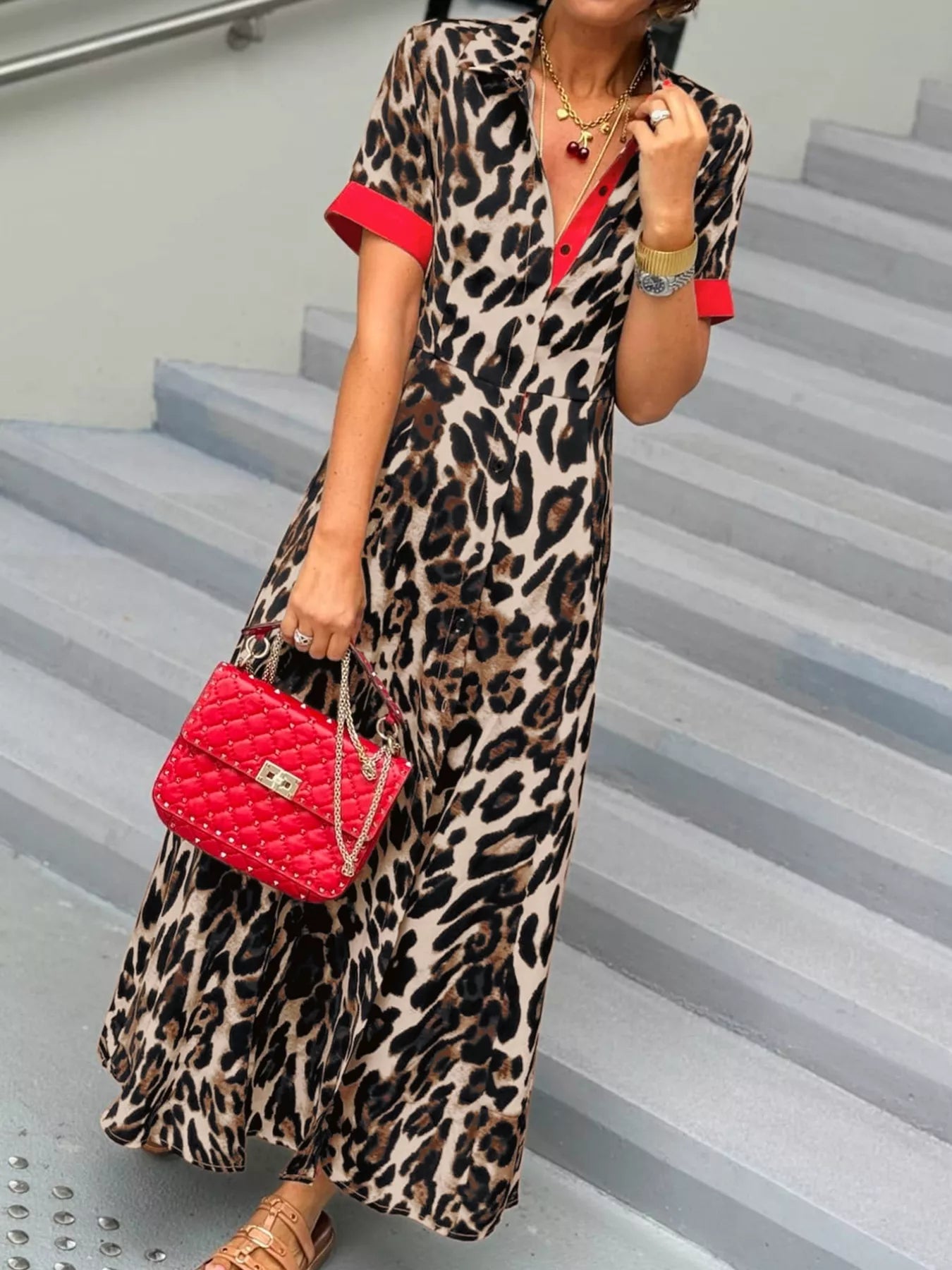 Leopard Print Button-Down Dress with Contrast Trim