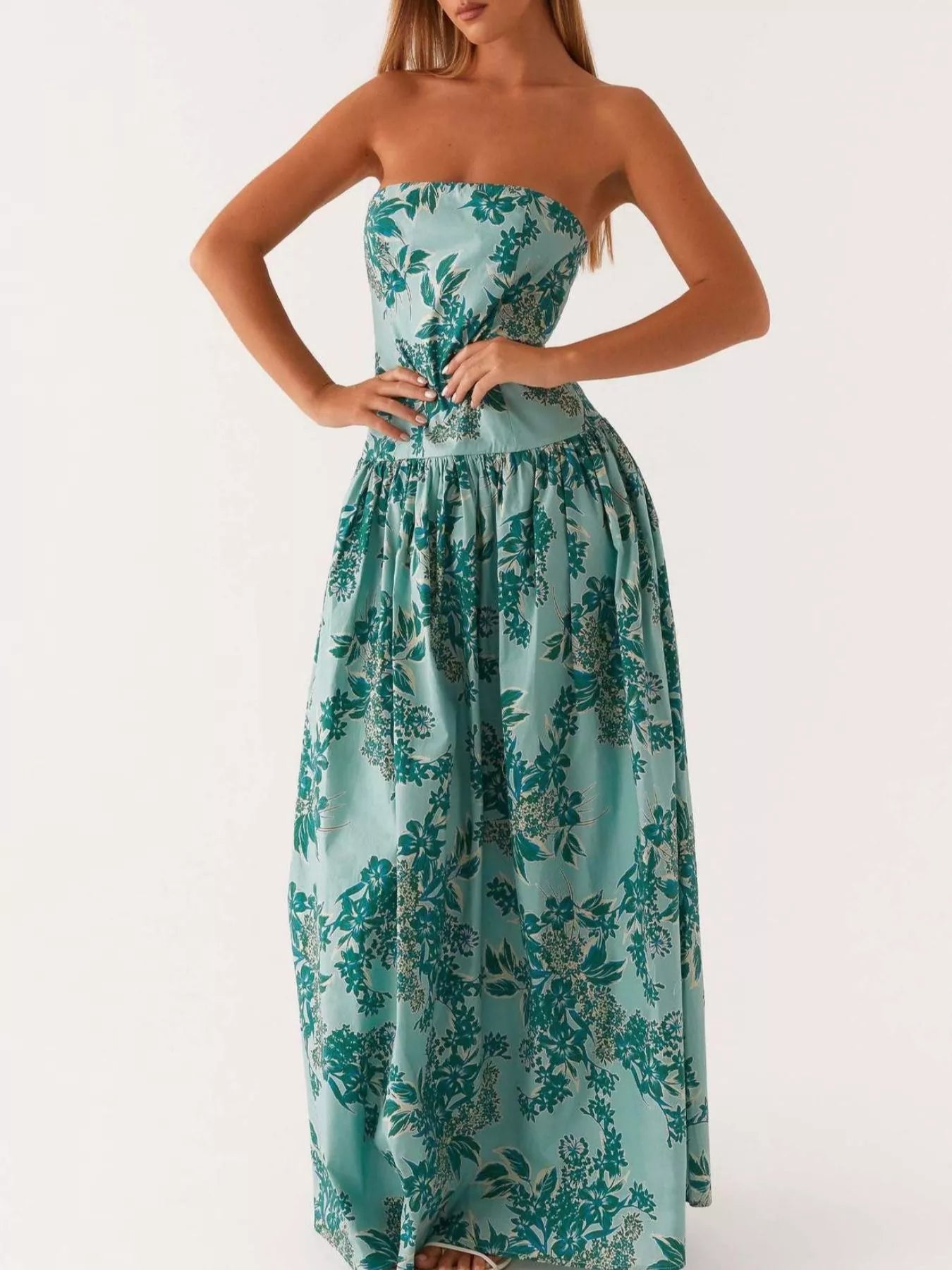 Ruched Printed Tube Maxi Dress