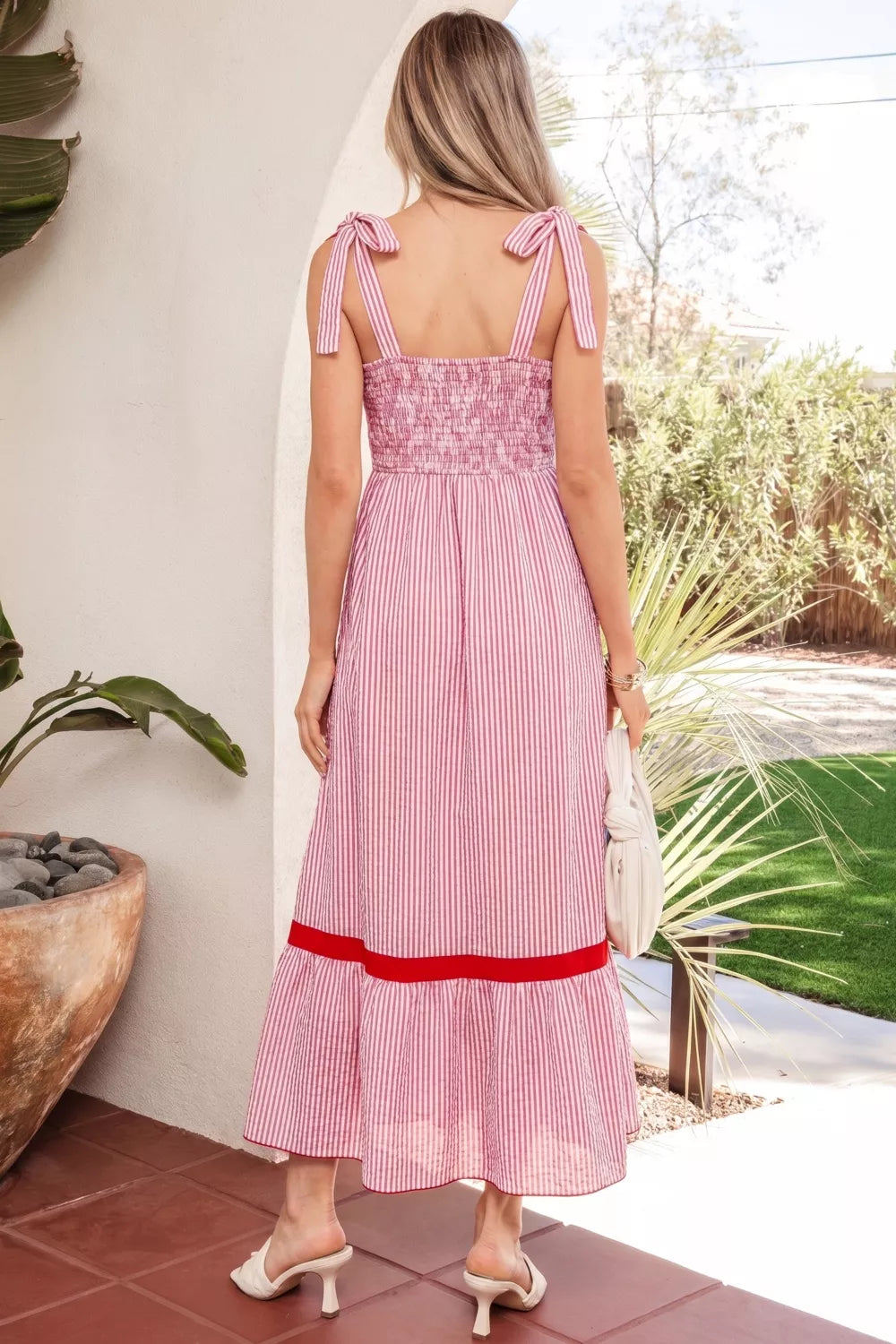 Stripe Bow Knot Straps Contrast Trim High Waist Ruffle Hem Maxi Dress