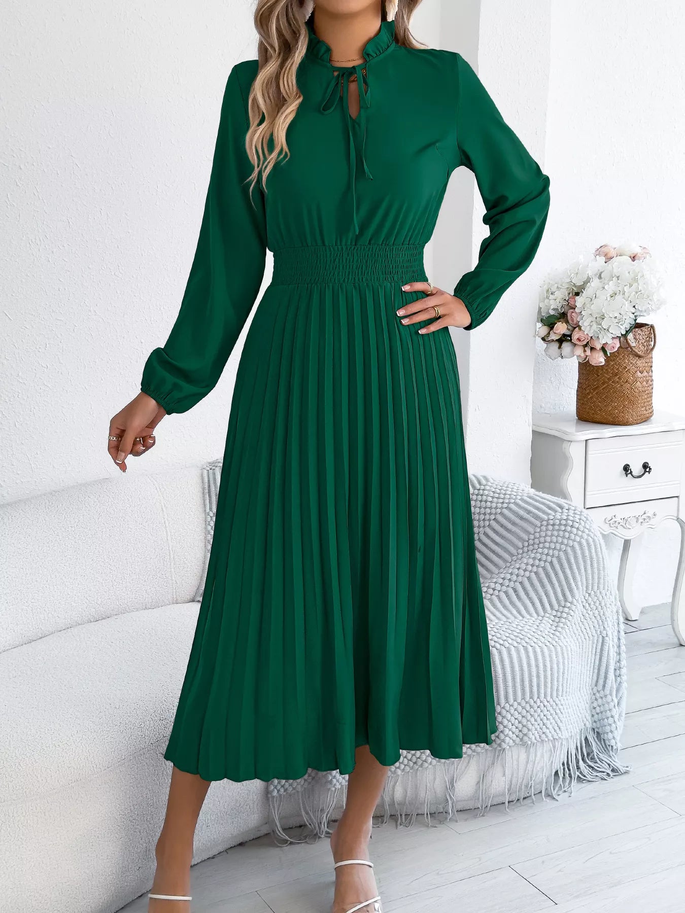 Smocked Pleated Tie Neck Dress
