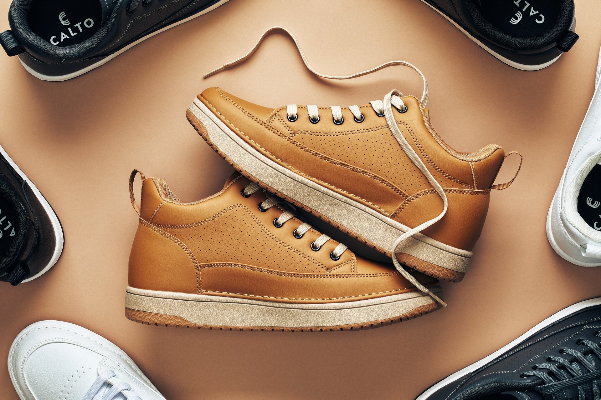 CALTO - Q274 - 2 Inches Taller (Camel Brown & Gum Sole) - Elevated Leatherette Micro-Perforated Sneakers - Overture Gifts