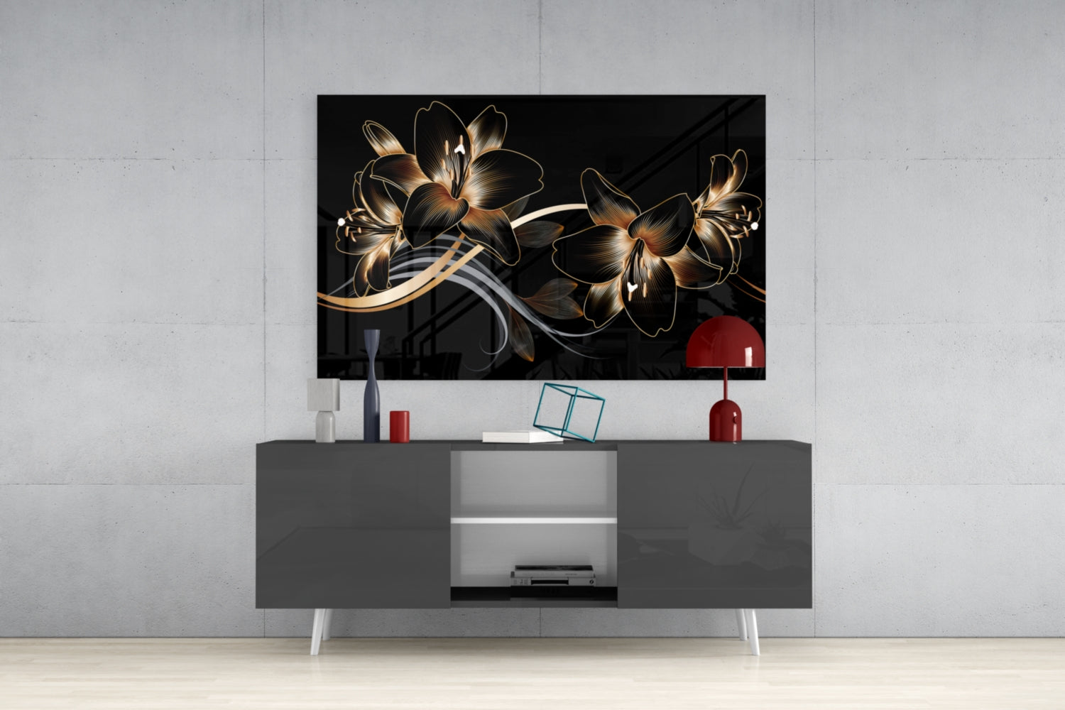 Golden Black Lily Elegance Glass Wall Art