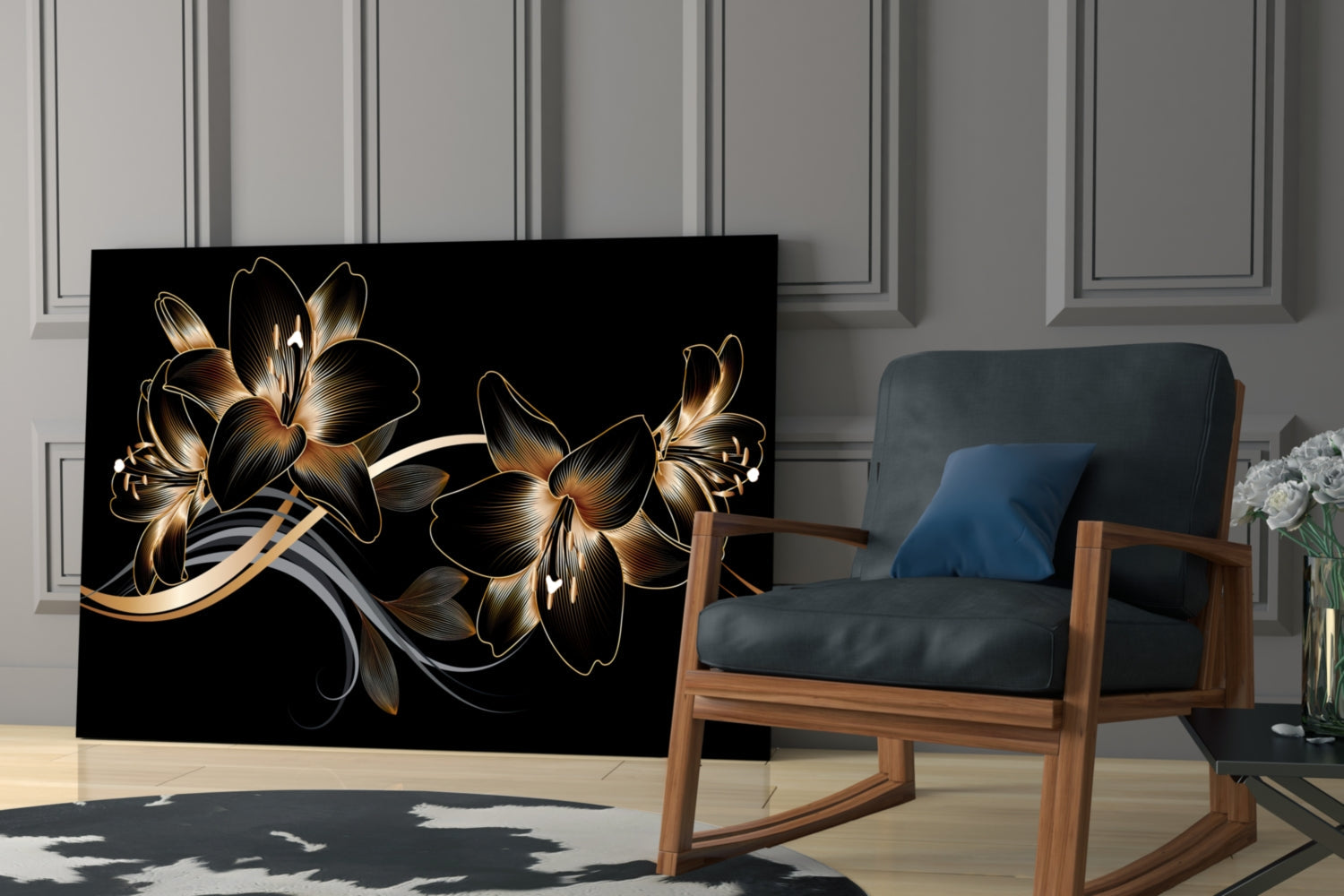Golden Black Lily Elegance Glass Wall Art
