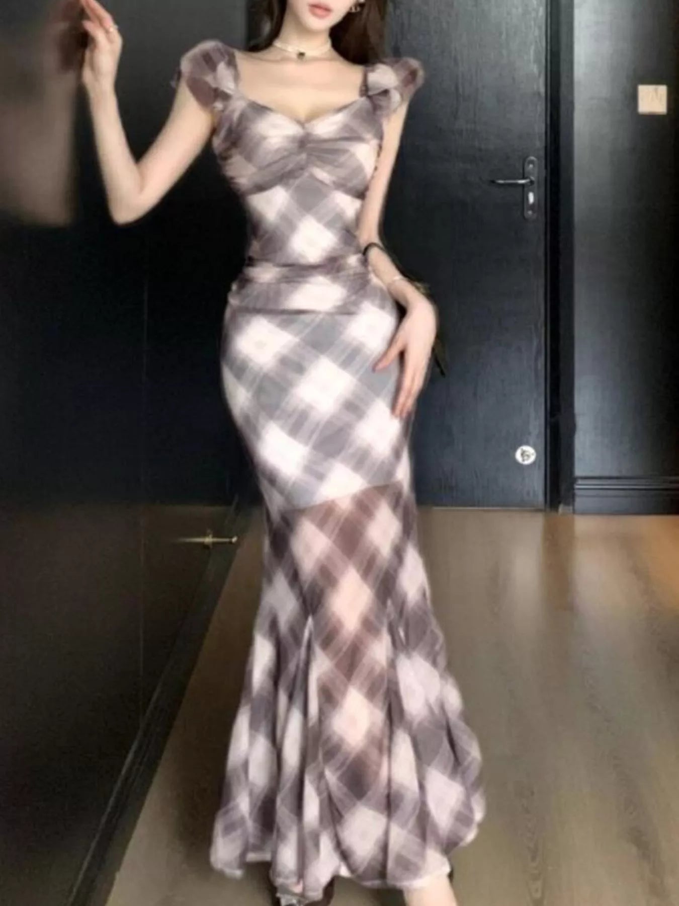 Plaid Ruffle Cap Sleeve Bodycon Maxi Dress