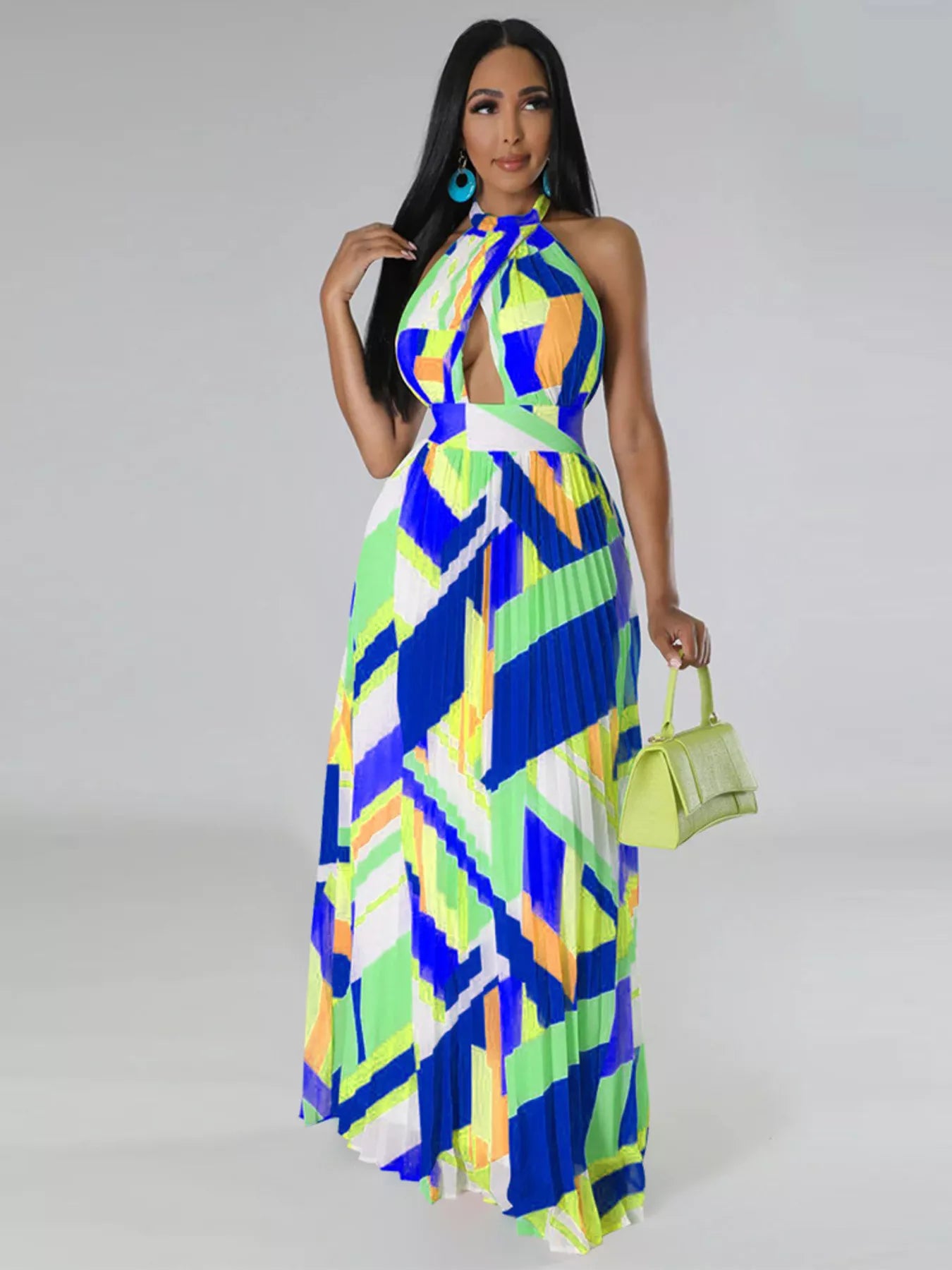 Halter Neck Geometric Print Pleated Maxi Dress