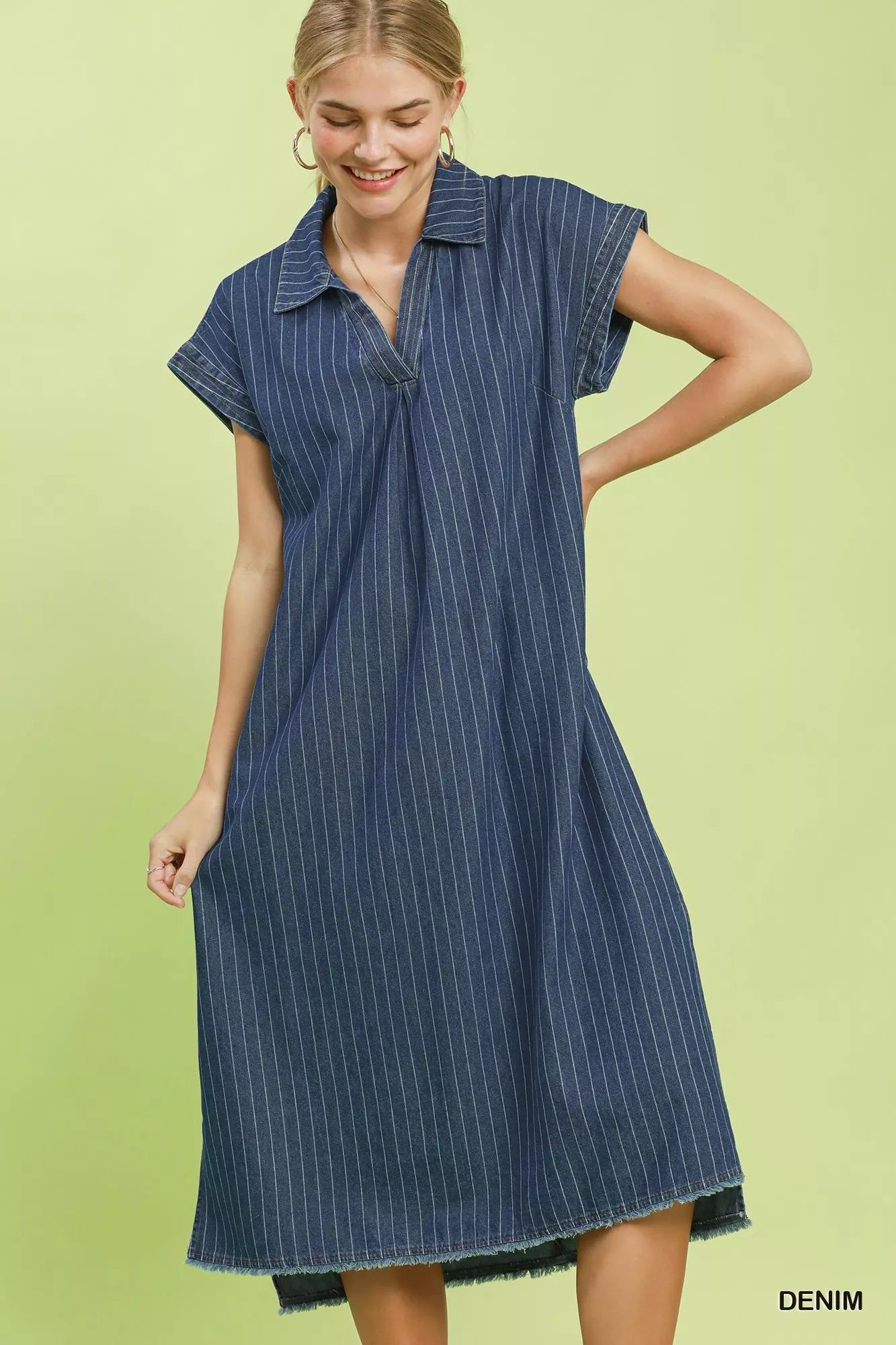 Umgee Pinstripe Denim Collared Midi Dress with Side Slits