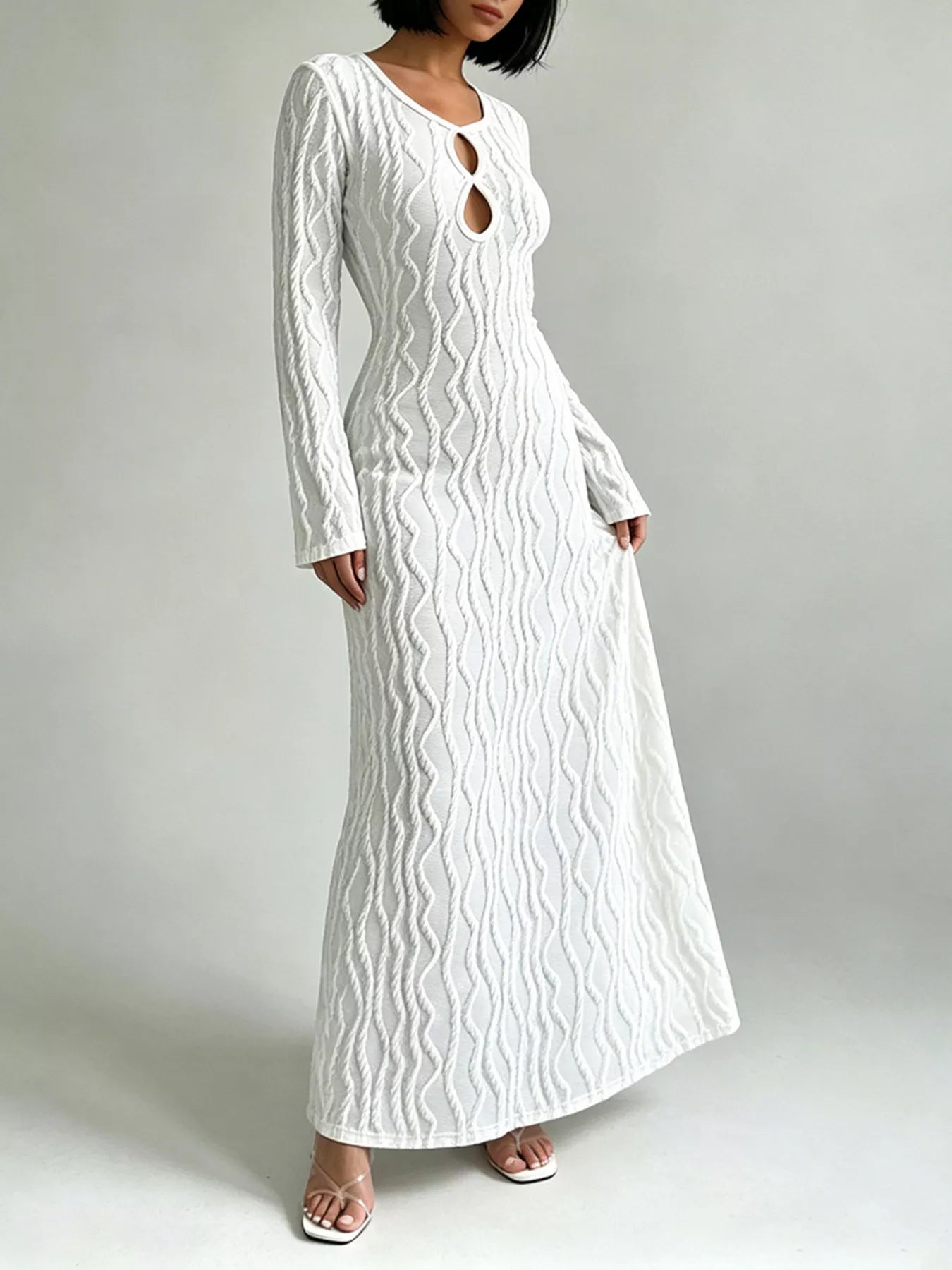 Textured Cut-Out Long Sleeve Maxi Dress