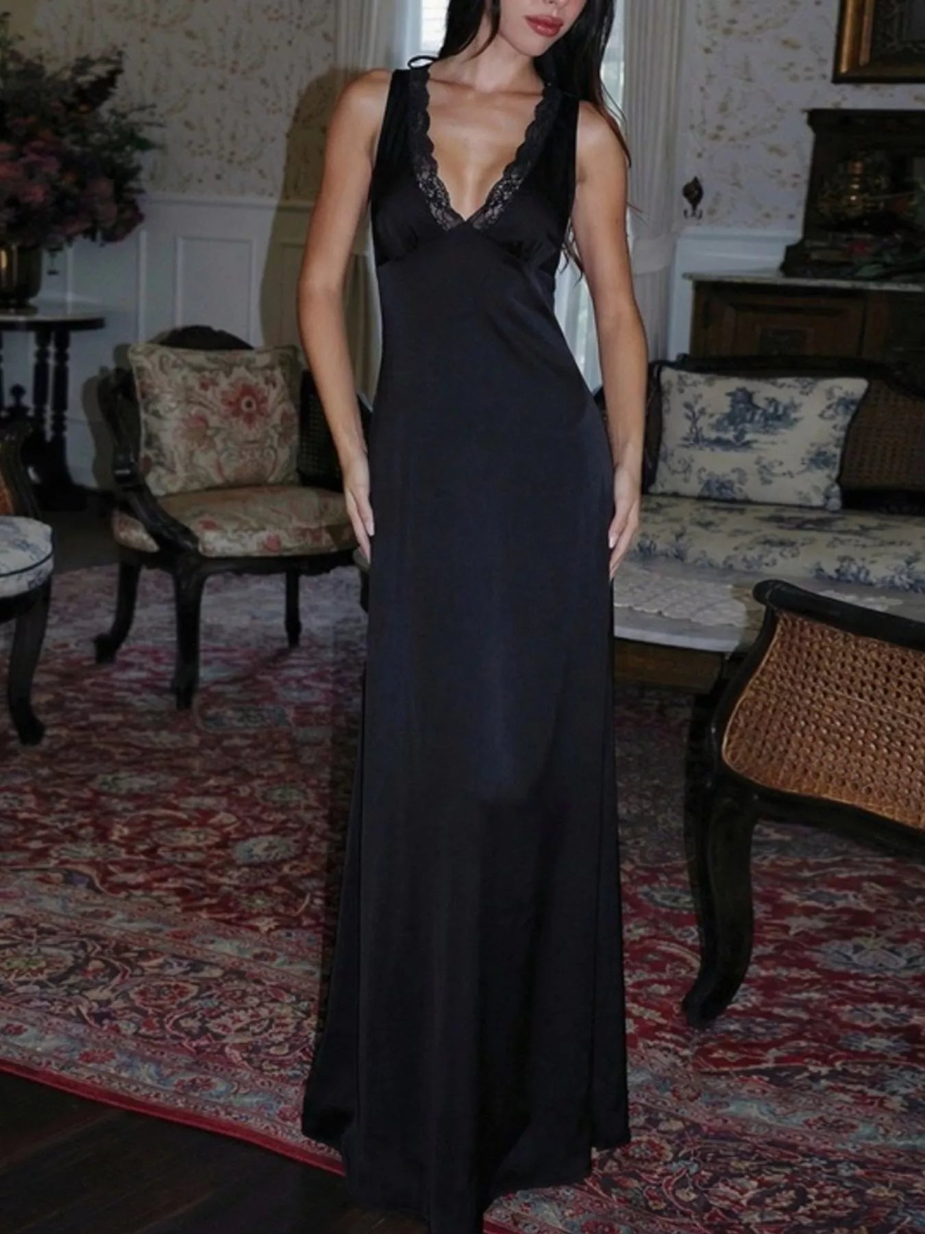 Lace Trim V-Neck Sleeveless Maxi Dress
