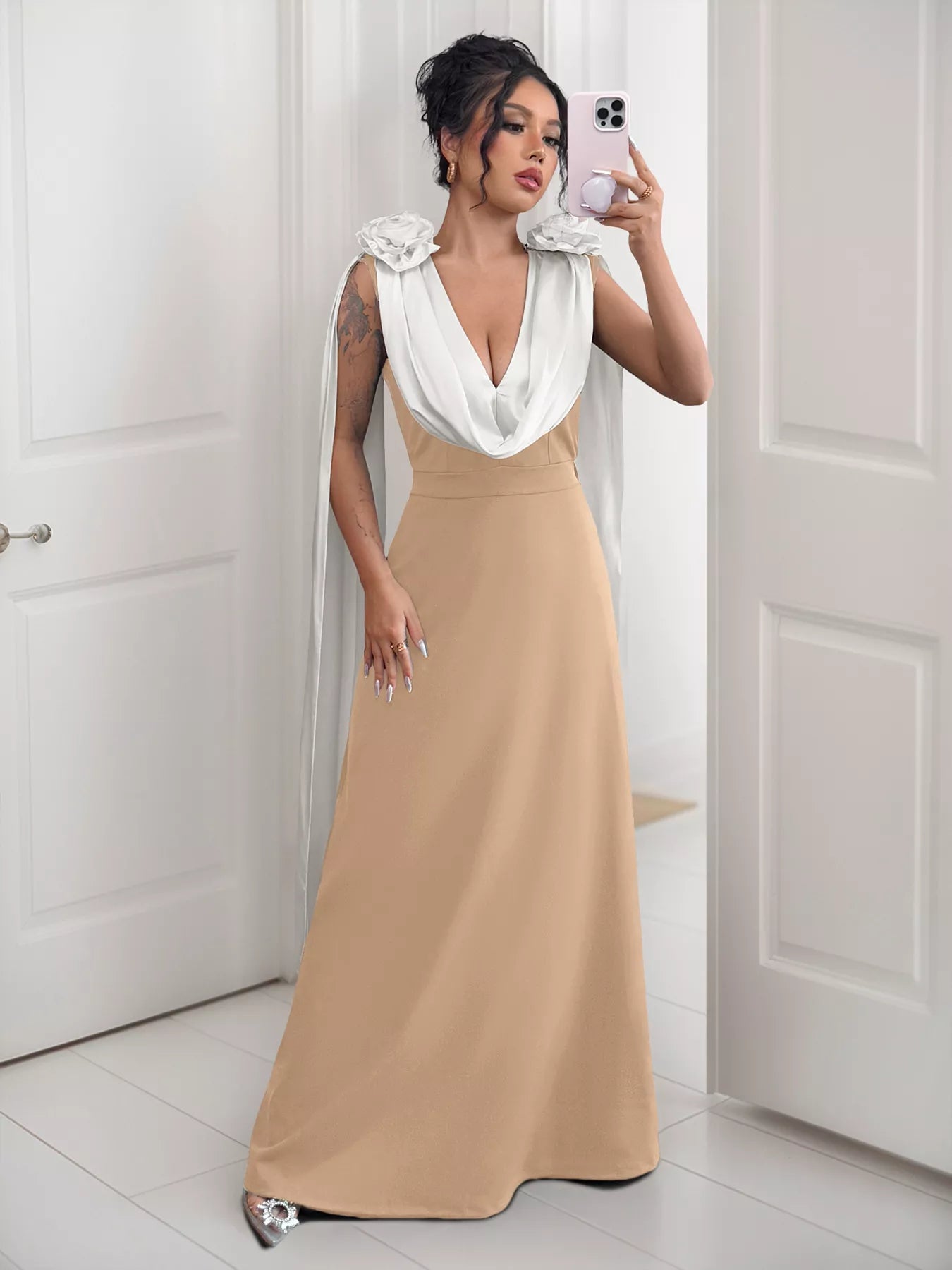 Floral Applique Two Tone Maxi Dress