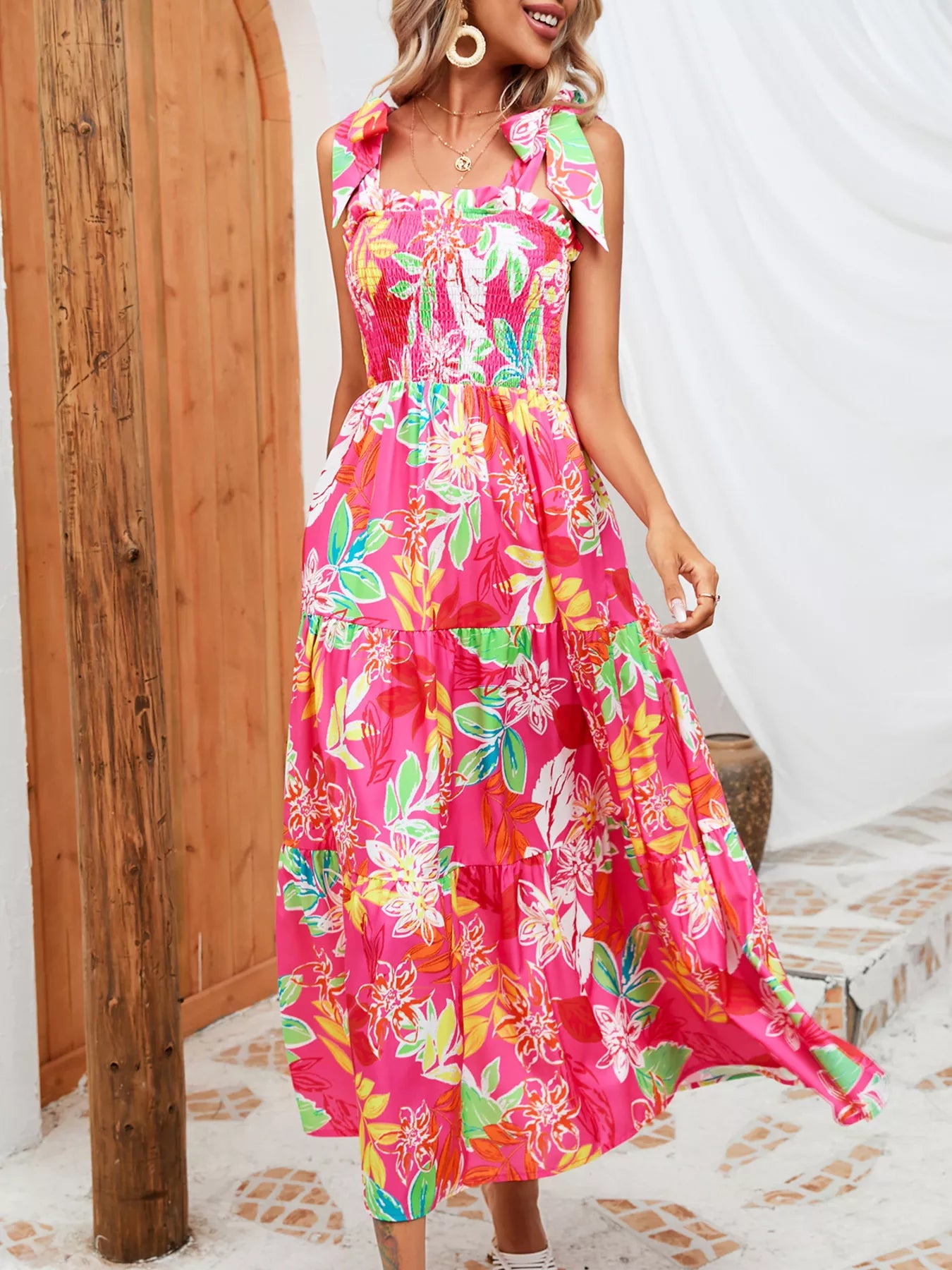 Tropical Print Smocked Tie-Strap Dress