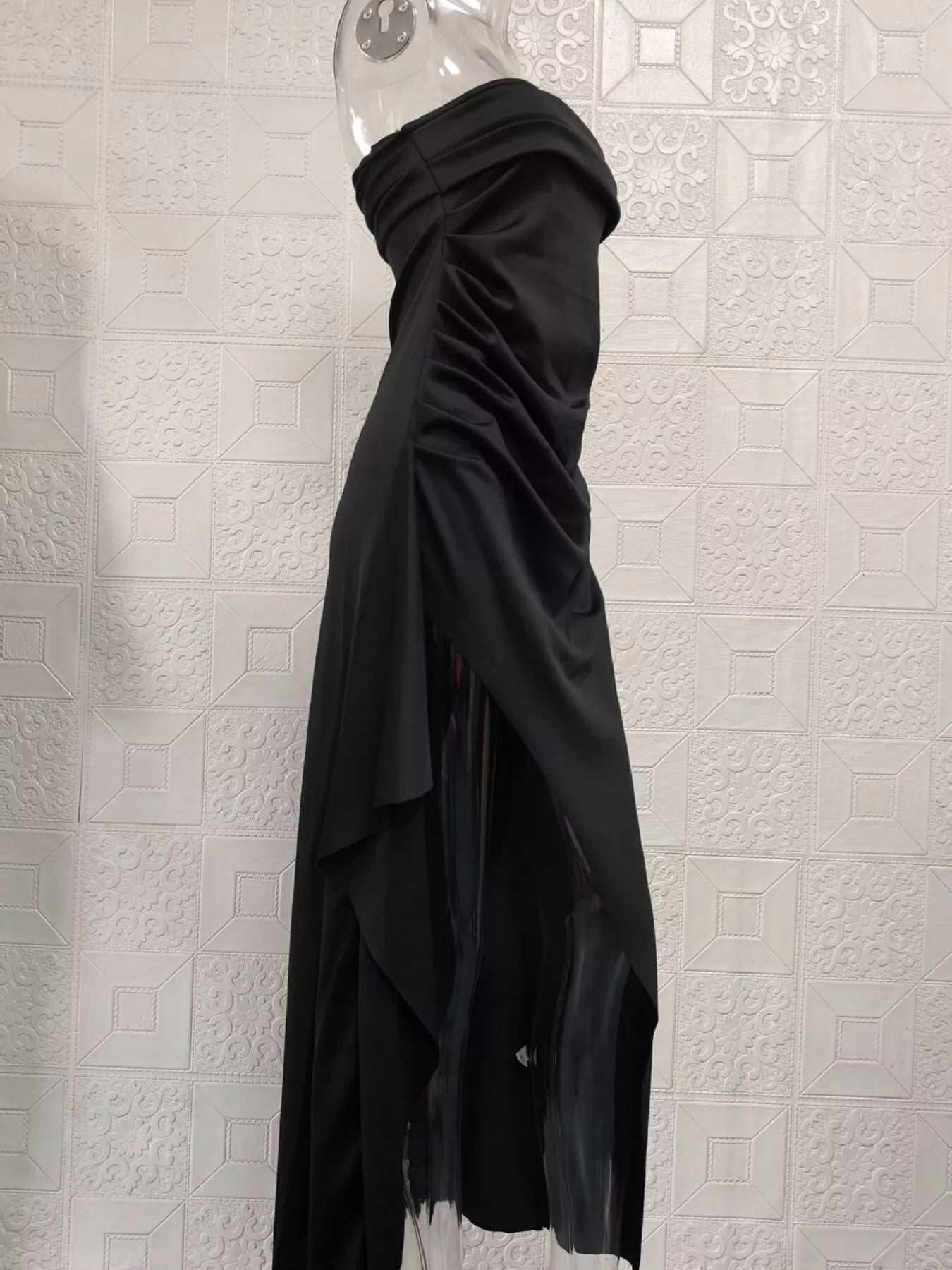 Strapless Ruched High Slit Maxi Dress