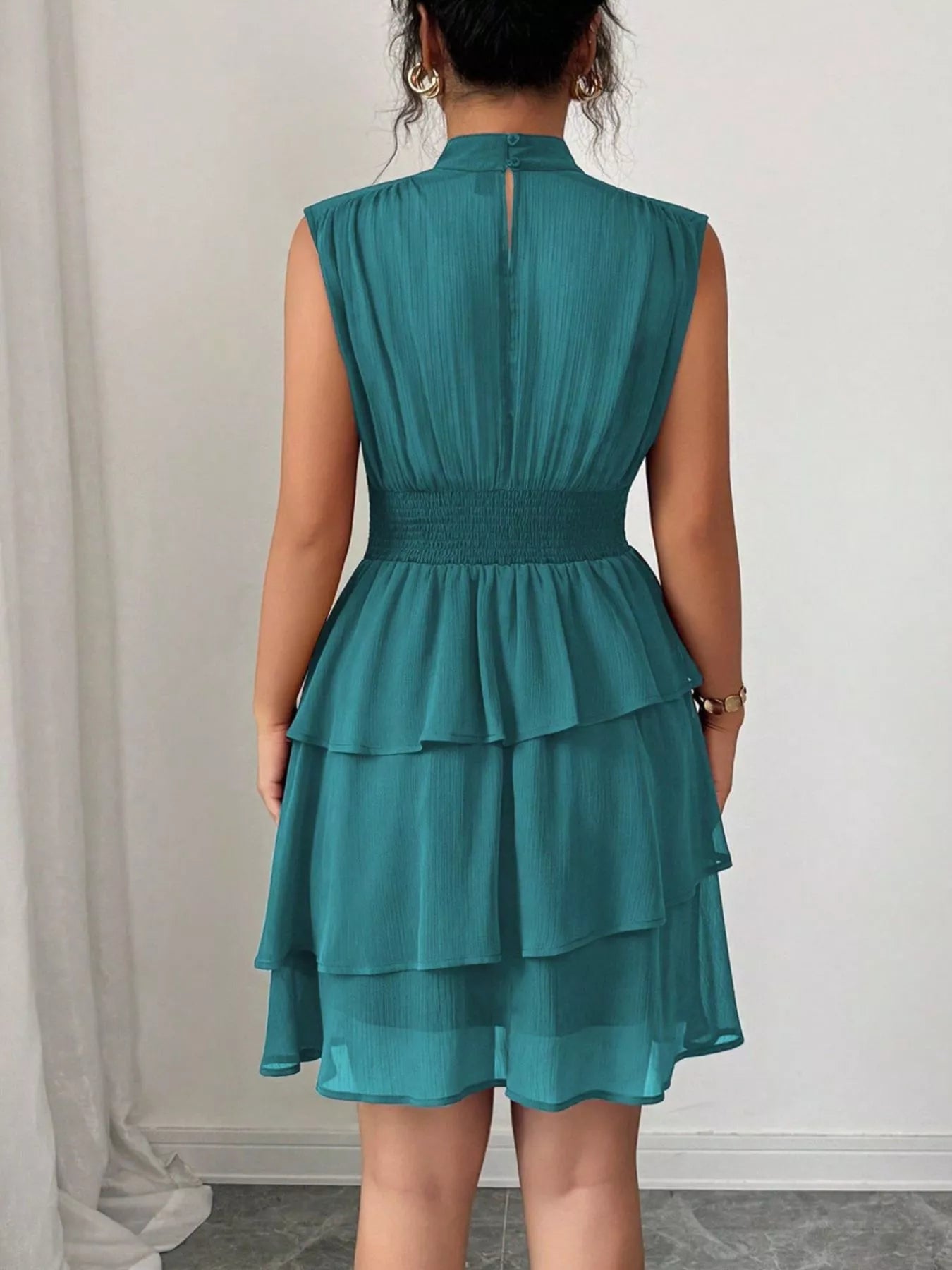 Sleeveless Mock Neck Layered Ruffle Dress