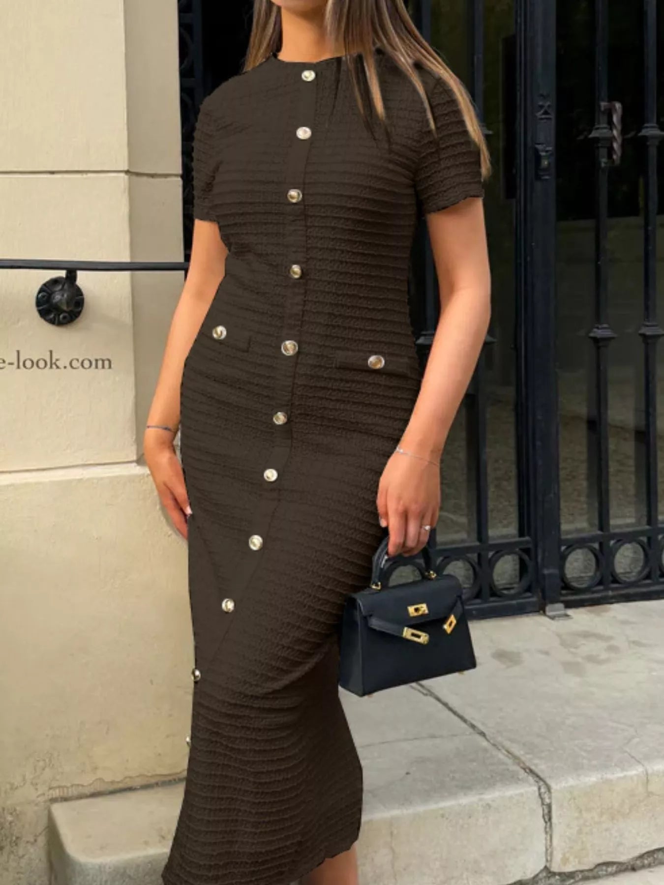Textured Short Sleeve Midi Dress