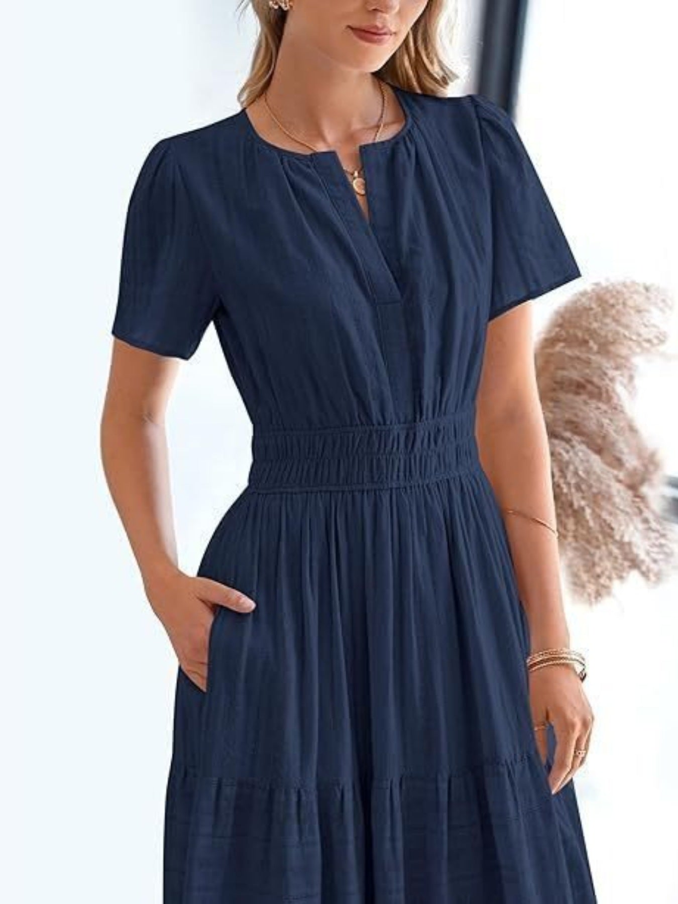 Notched Short Sleeve Tiered Dress