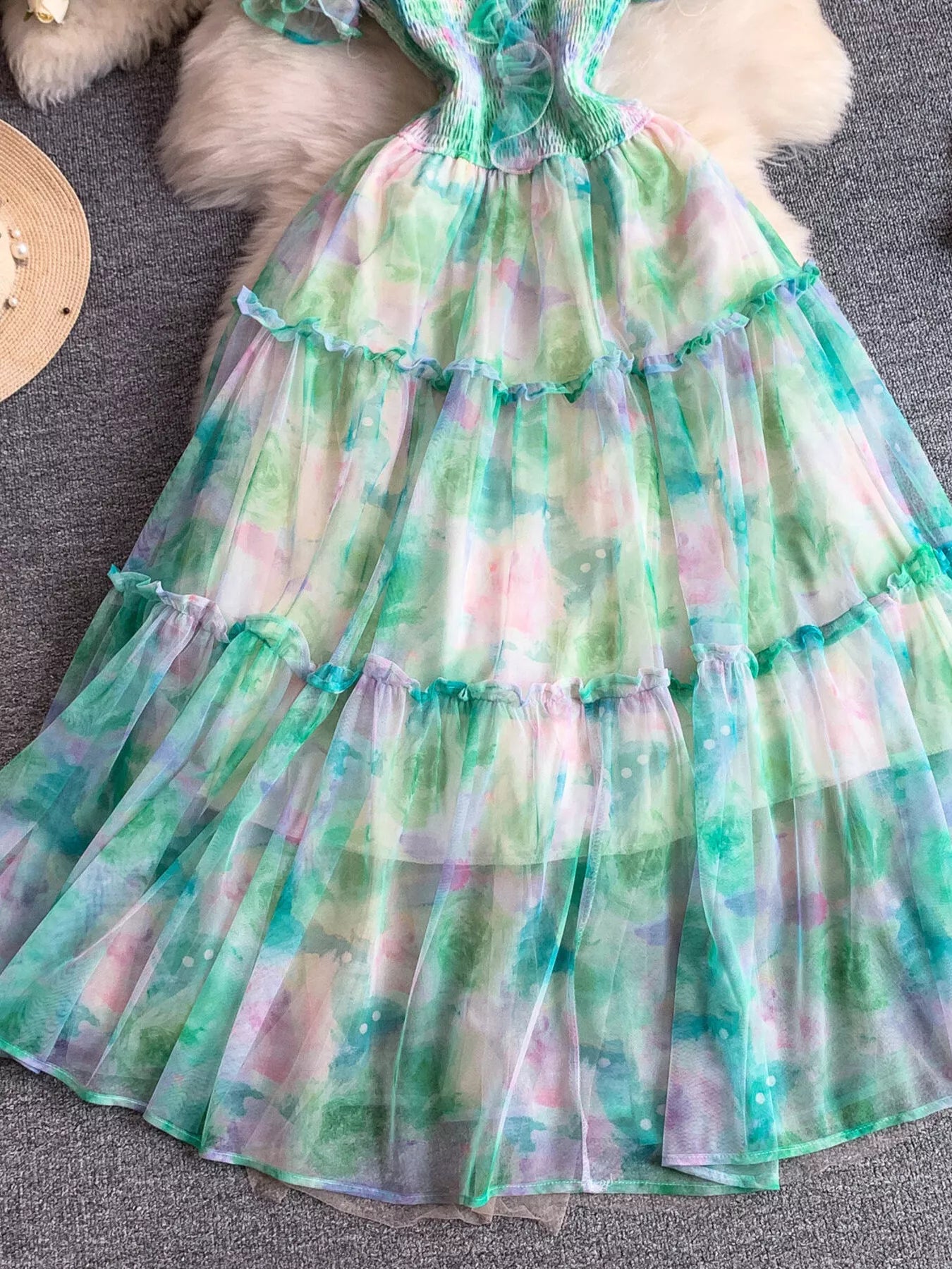 Smocked Floral Tiered Mesh Midi Dress