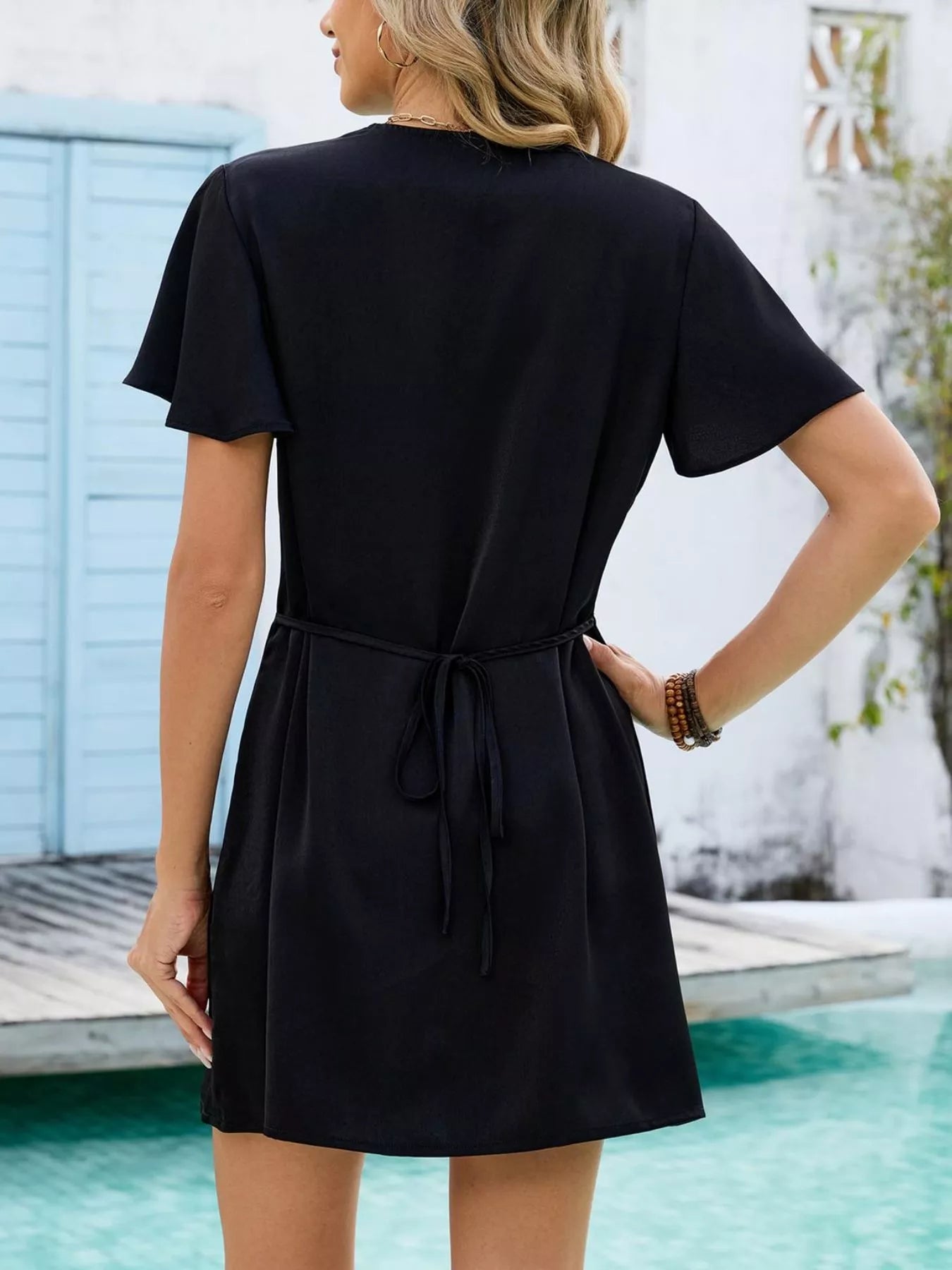 Notched Flutter Sleeve Mini Dress
