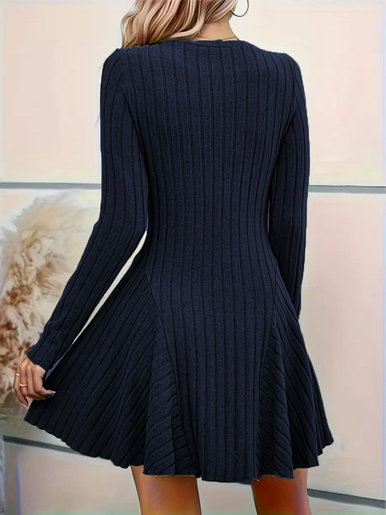 Ribbed Knit Long Sleeve A-Line Dress