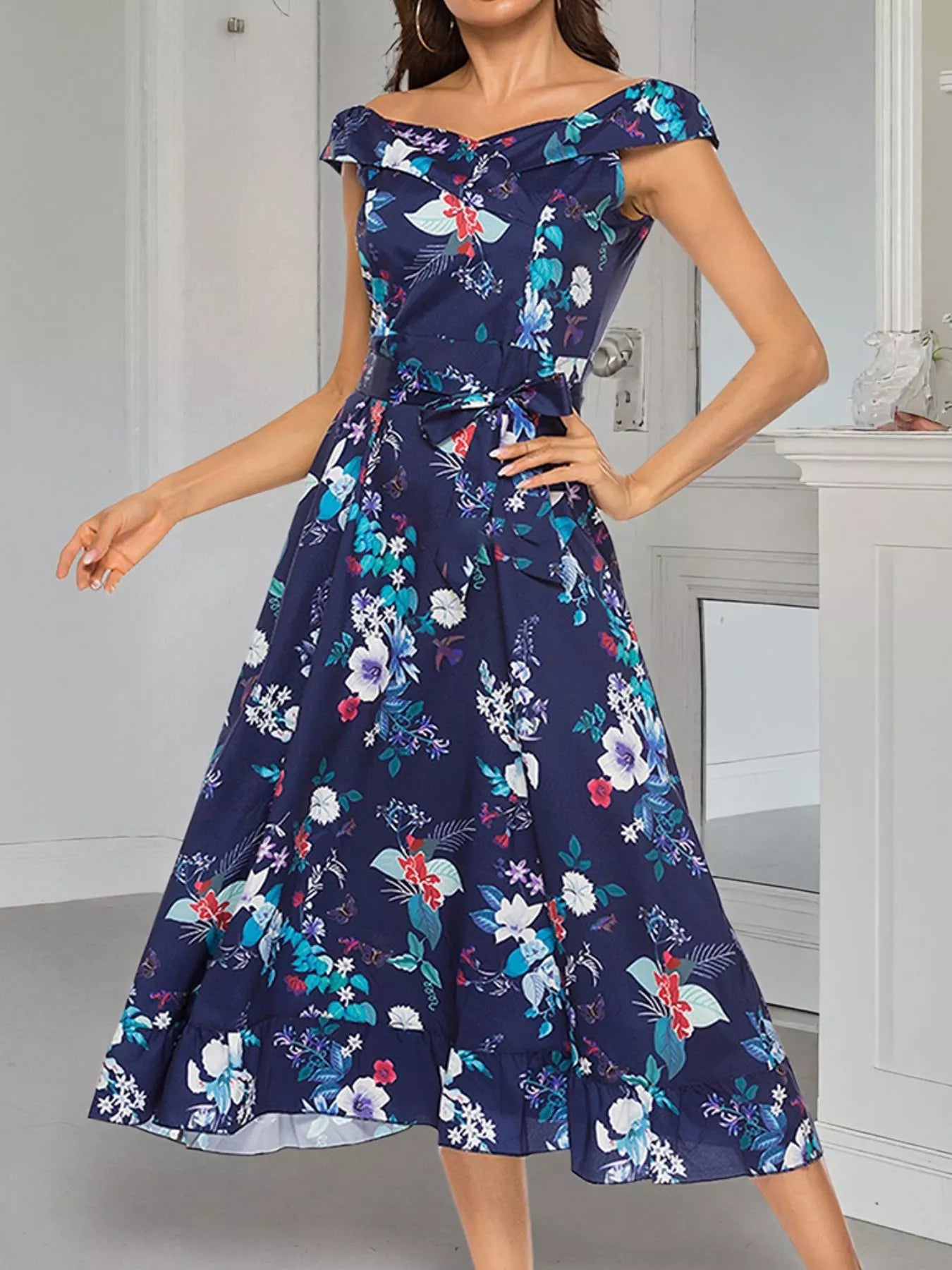 Floral Print Off Shoulder Midi Dress