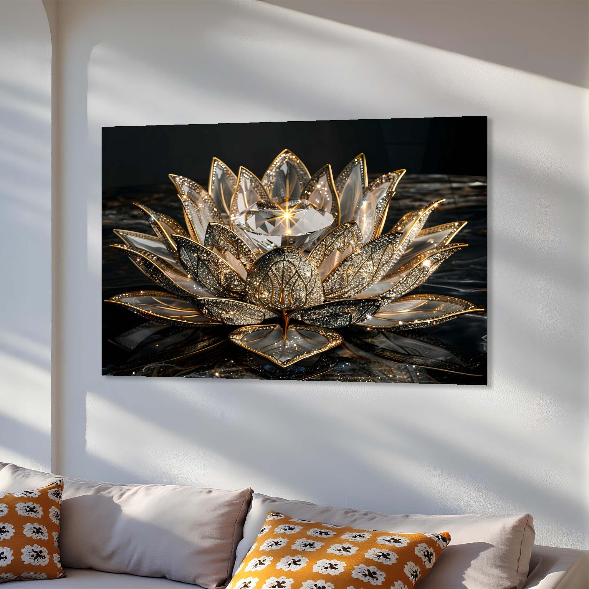 Golden Lotus Tempered Glass Wall Art | Serenity Home Decor