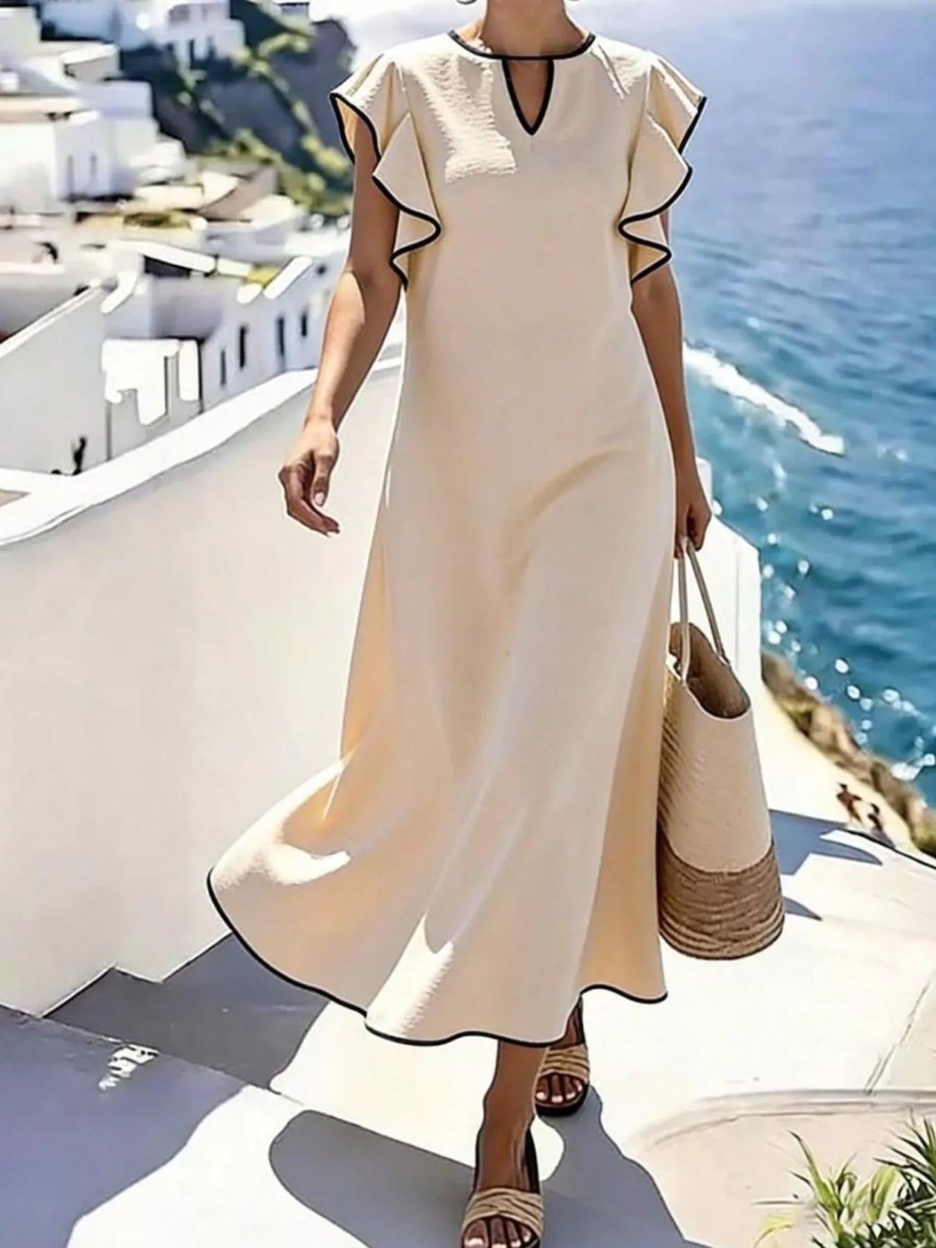 Ruffle Trim Notched Midi Dress