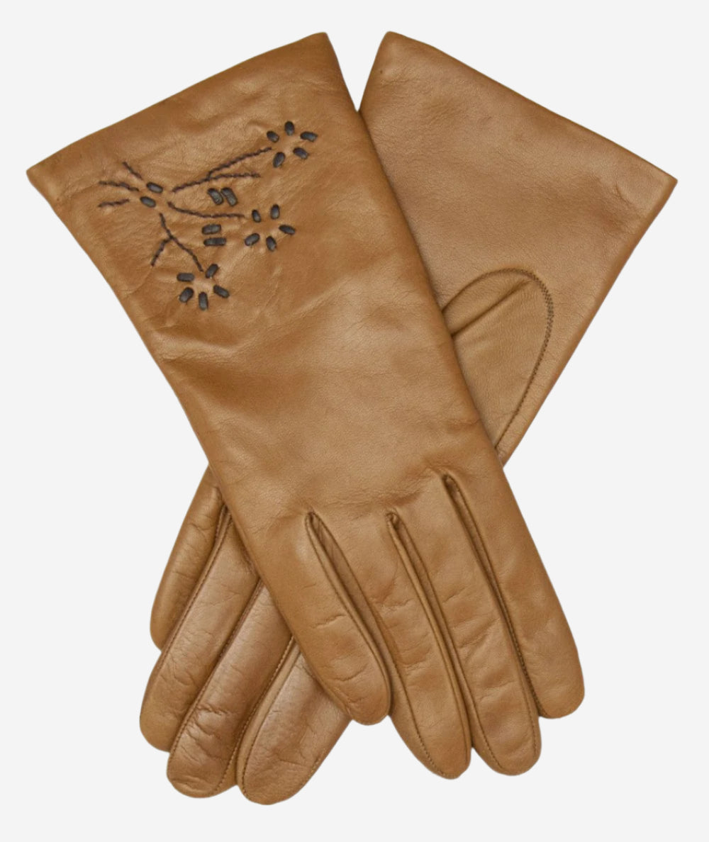 CC4101 (brown) - Women’s Italian cashmere lined leather gloves with floral accents