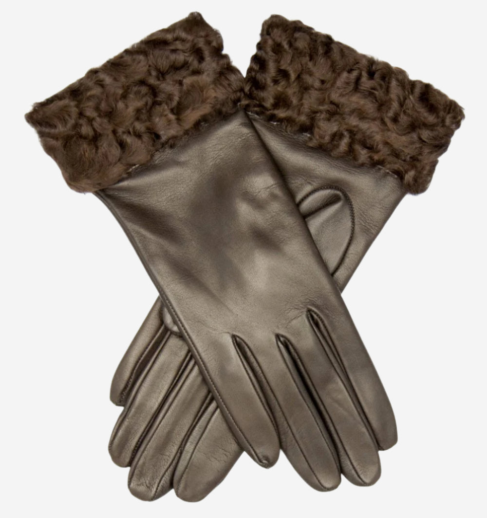 CC4172 (brown) - Women’s Italian cashmere lined leather gloves with Persian lamb cuffs