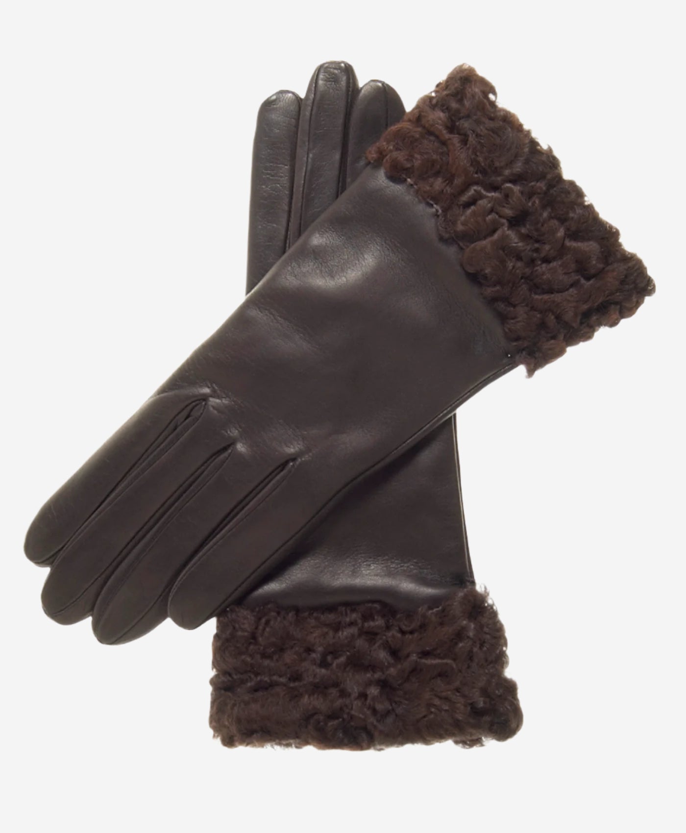CC4172 (brown) - Women’s Italian cashmere lined leather gloves with Persian lamb cuffs