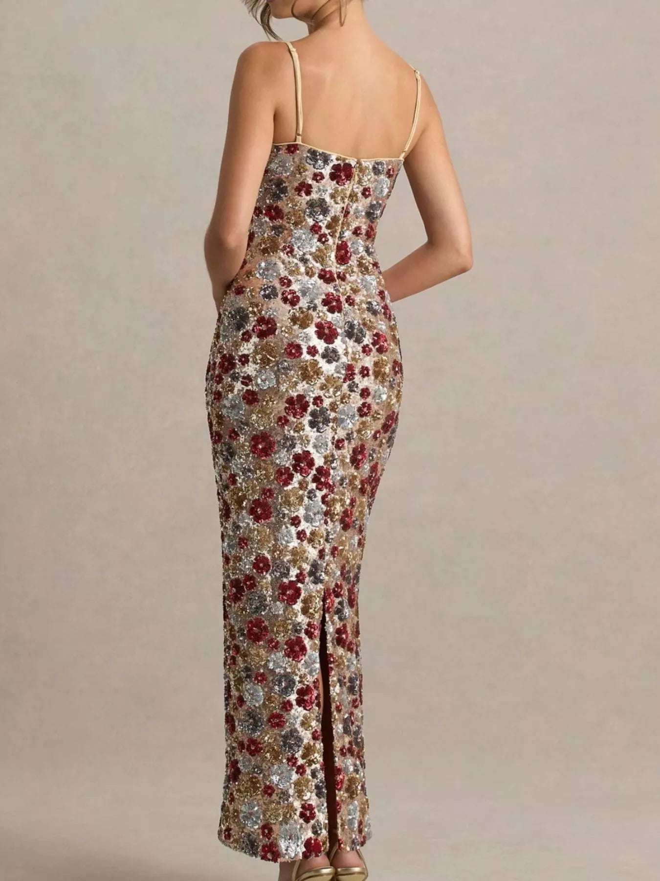 Slit Floral Sequin Bodycon Maxi Dress