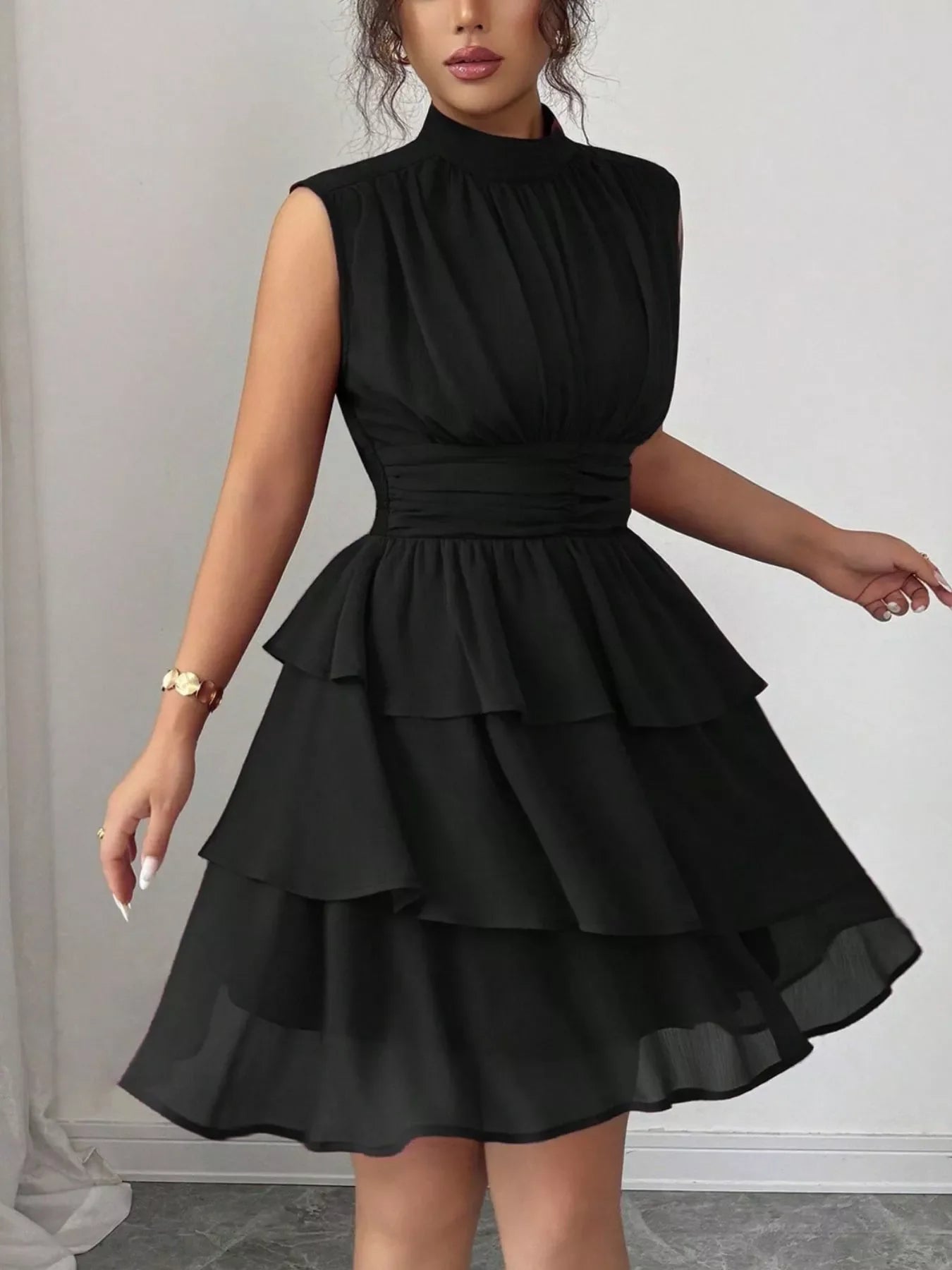 Sleeveless Mock Neck Layered Ruffle Dress