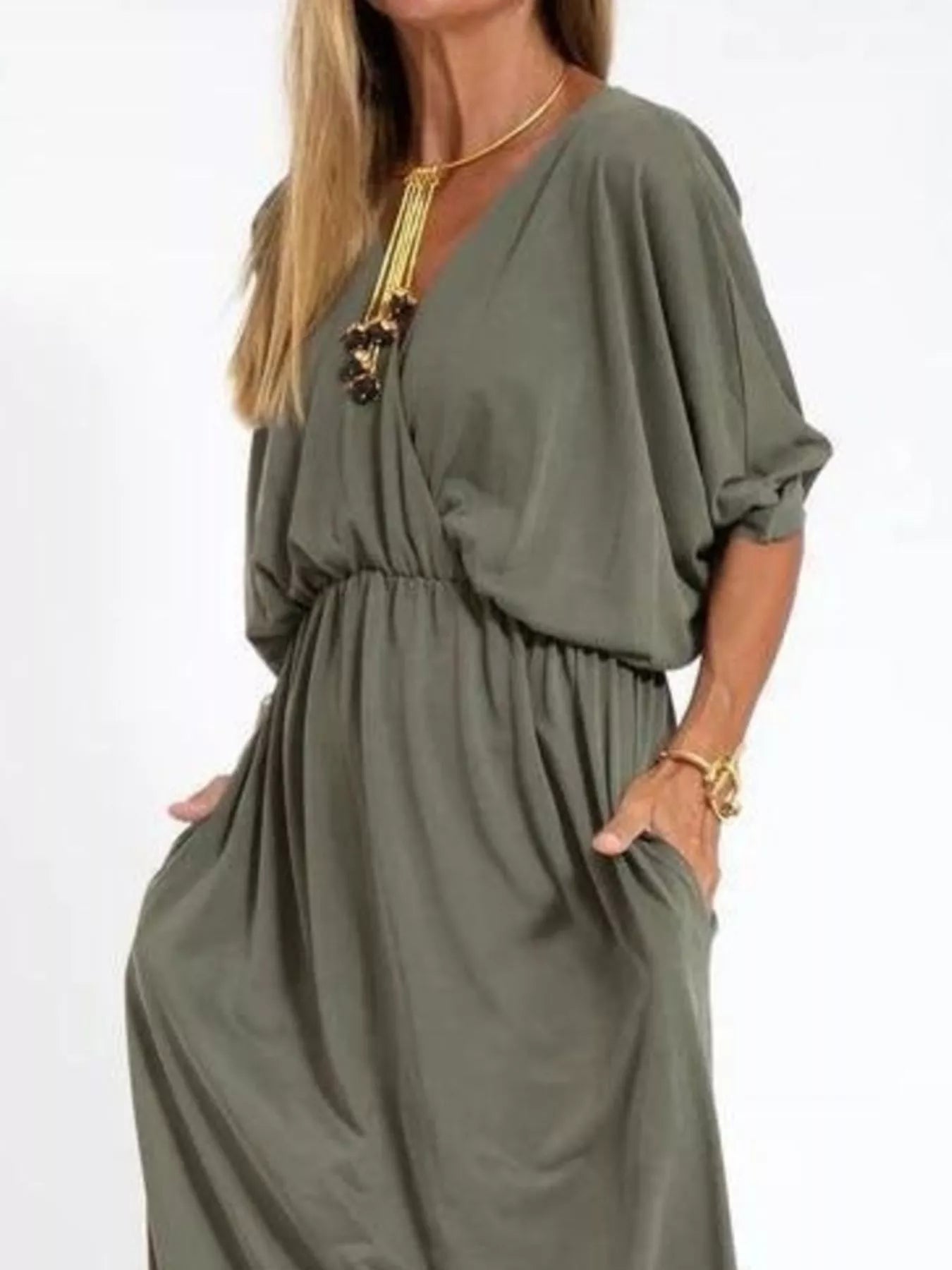 Full Size V-Neck Batwing Sleeve Maxi Dress with Side Slits Plus Size