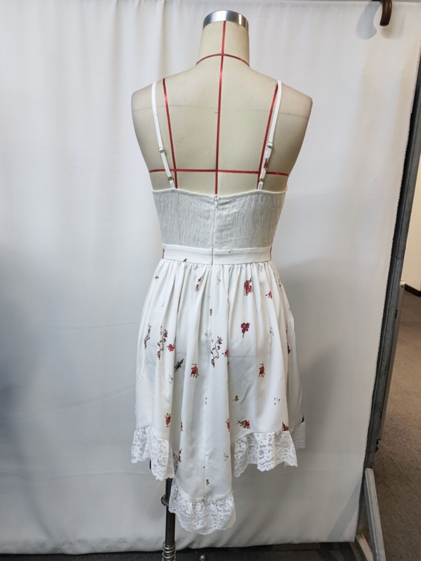 Floral Print Lace Trimmed Asymmetrical Hem Cami Dress