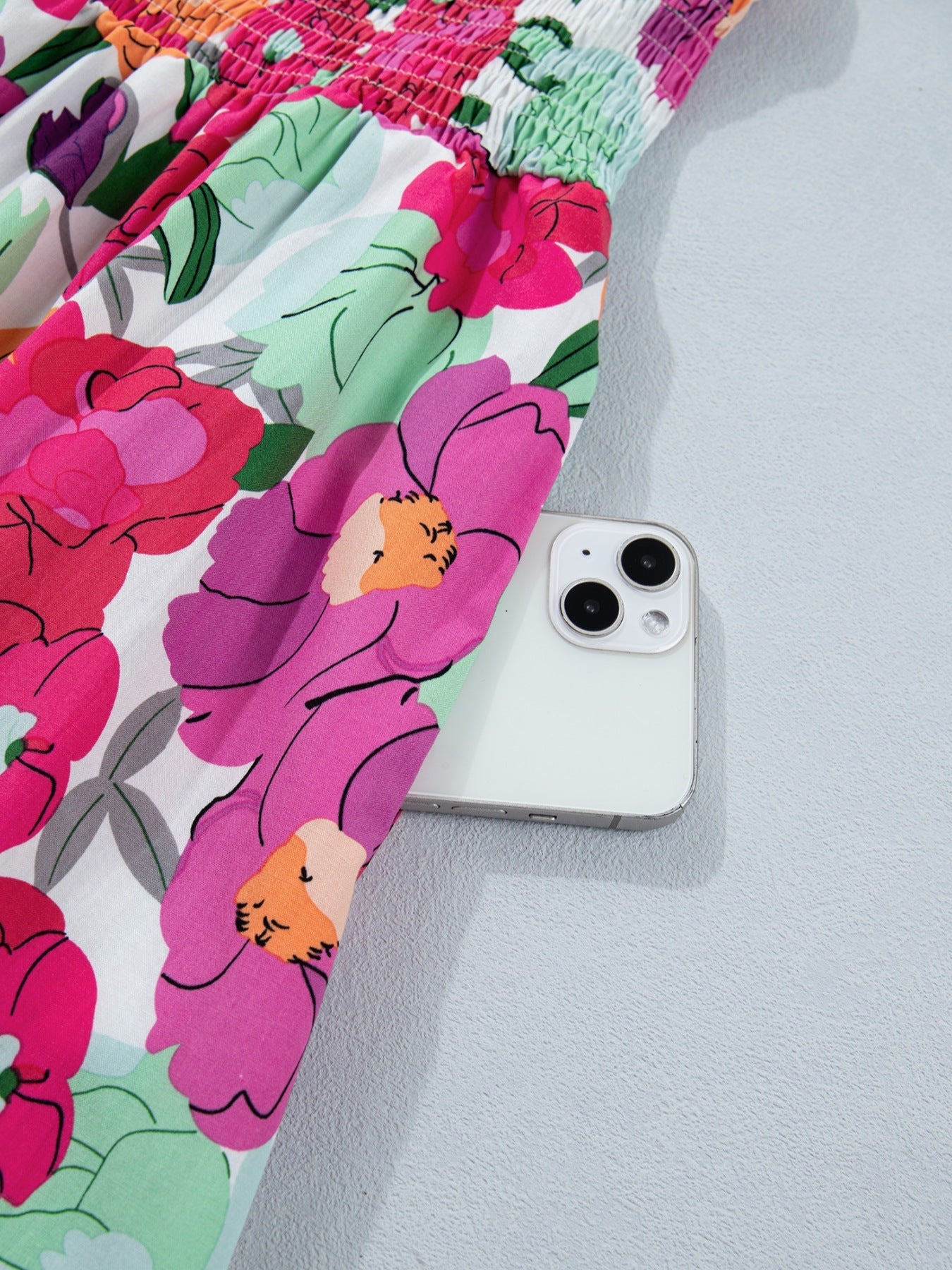 Vibrant Floral Print V Neck Zip Up Puffy Half Sleeve Dress
