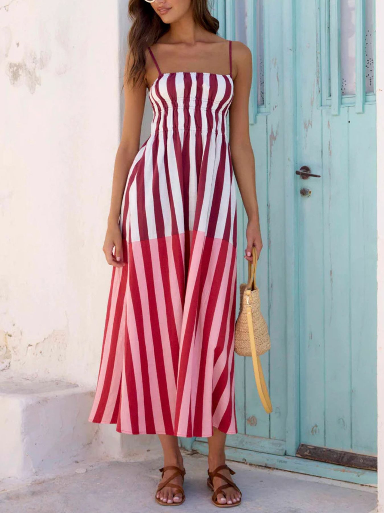 Striped Spaghetti Strap Casual Midi Dress