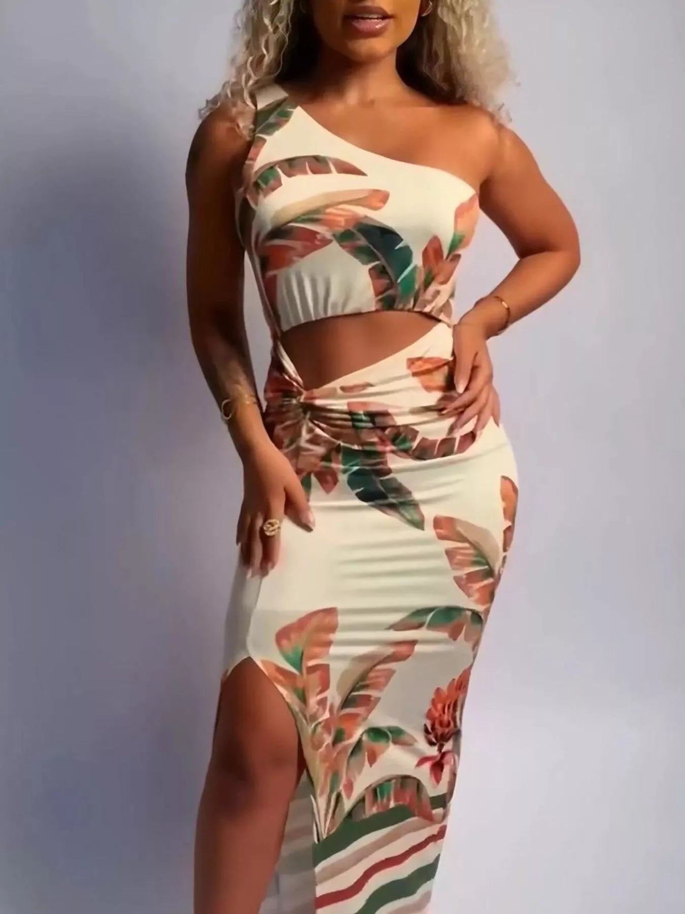 Tropical Print One-Shoulder Cut-Out Maxi Dress